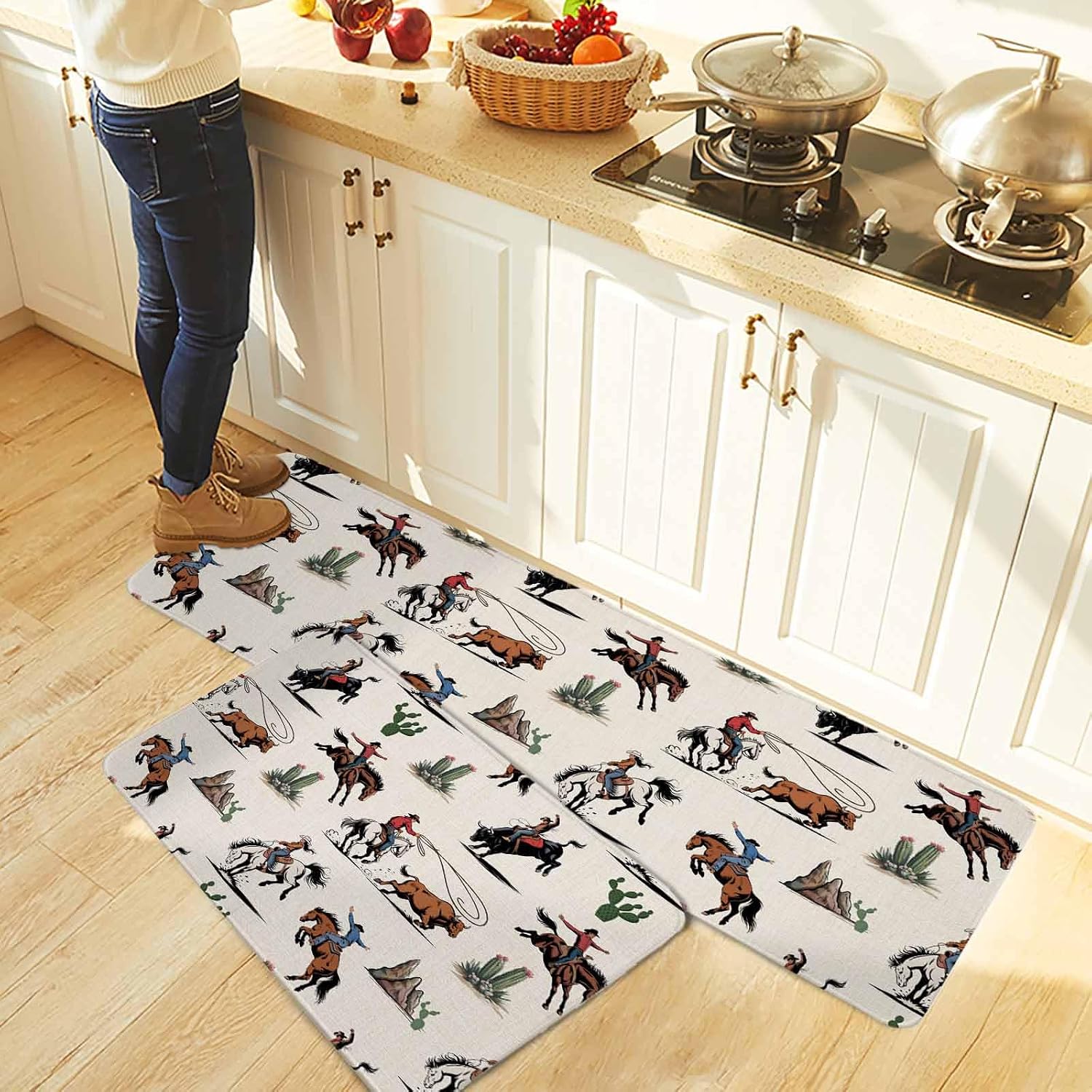 Western Cowboys Kitchen Rugs and Mats Set of 2, Non-Slip Kitchen Sink Mat, Beige Vintage Country Cactus Washable Doormat Bathroom Rugs Runner for Bedroom/Living Room 19.7"x31.5"+19.7"x63"