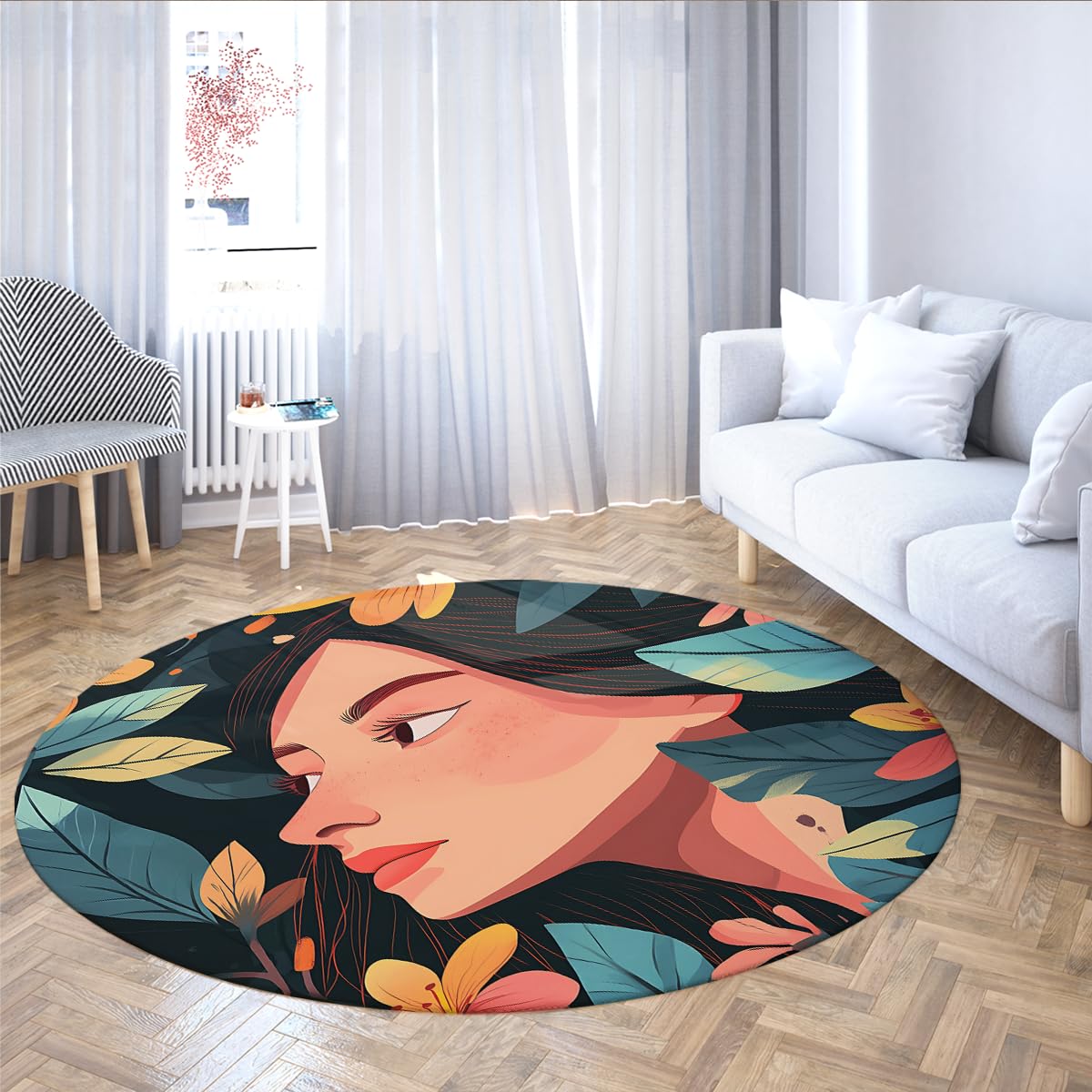 Kwiatowy portret zmywalny okrągły dywanik wejściowy 120 cm marzycielski ogród artystyczna kobieta ilustracja antypoślizgowy miękki dywan koło do łóżka