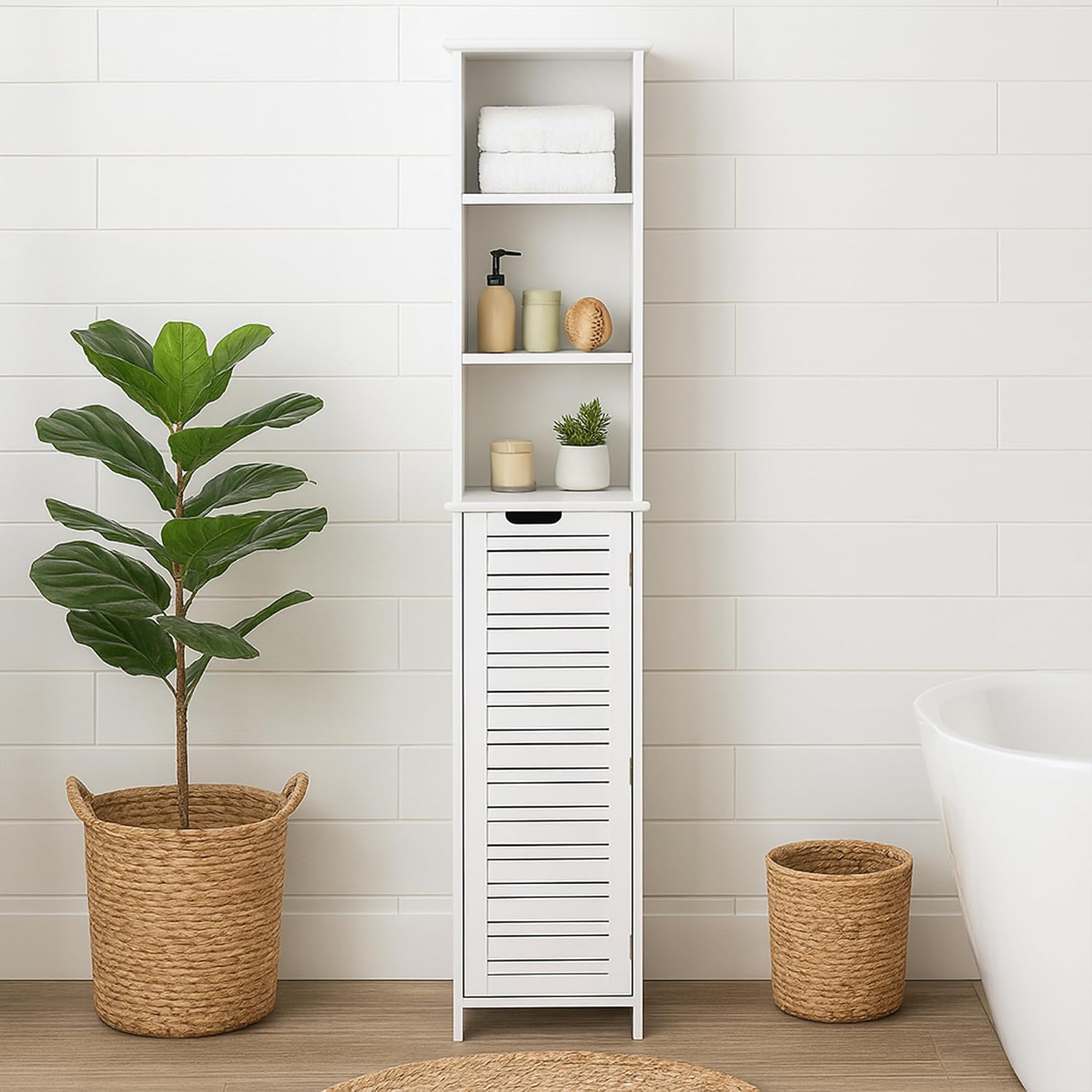 EVIDECO Bathroom Tall Storage Cabinet, Narrow Linen Tower with Door and Shelves, Freestanding Space Saving Organizer for Bathroom, White - Miami Collection