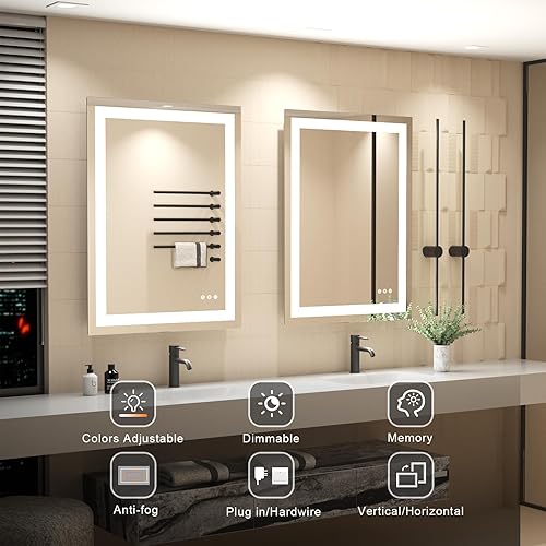 Miniatura 2 de Espejo LED de 32 x 24 pulgadas para baño, espejo de baño antivaho con luces, cálidonaturalfrío, 3 colores, espejo de baño con iluminación regulable