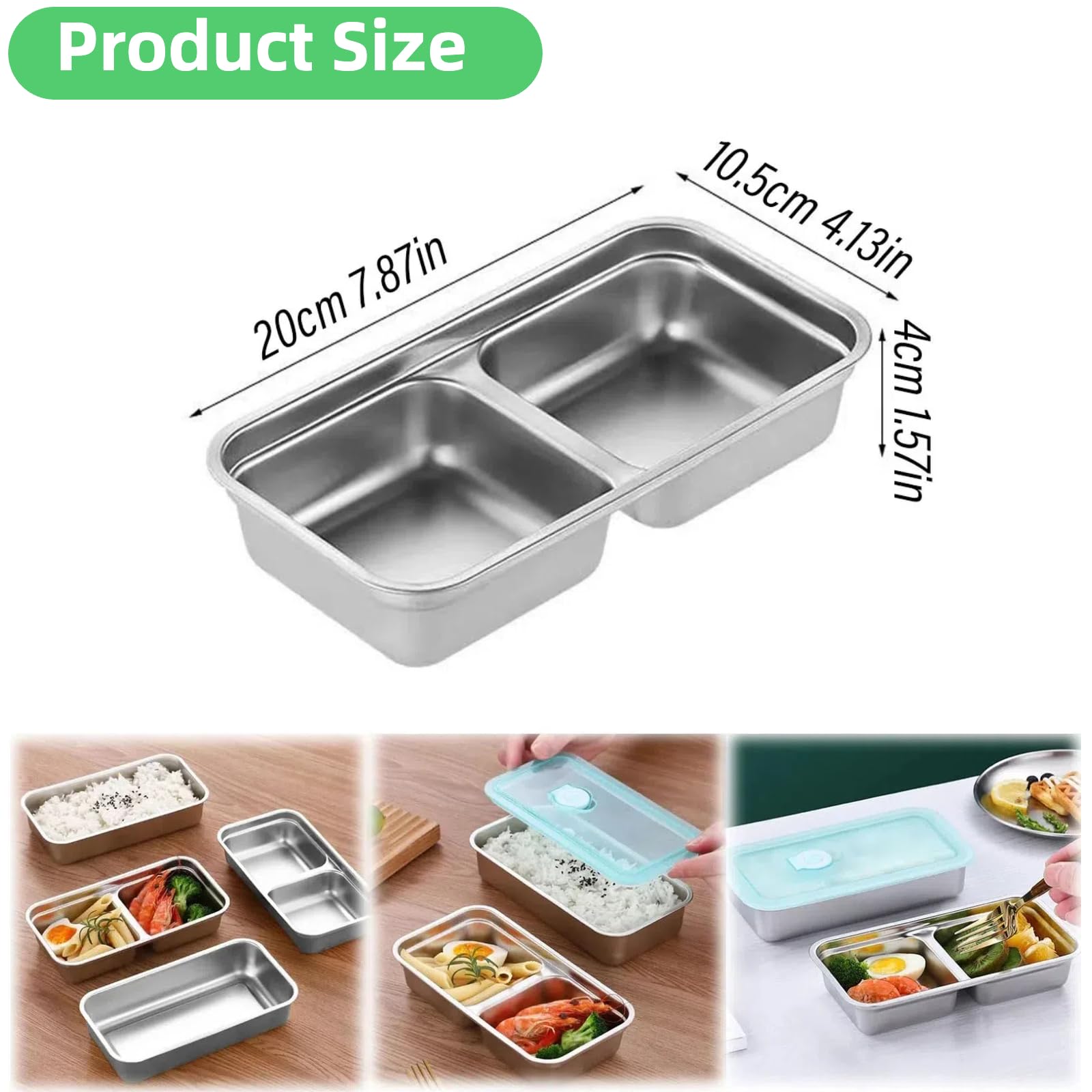Set di contenitori per snack in acciaio inossidabile, contenitore per alimenti con 2 scomparti, capacità 590 ml, 20 x 10,5 x 4 cm, coperchio a tenuta stagna, impilabile (4)