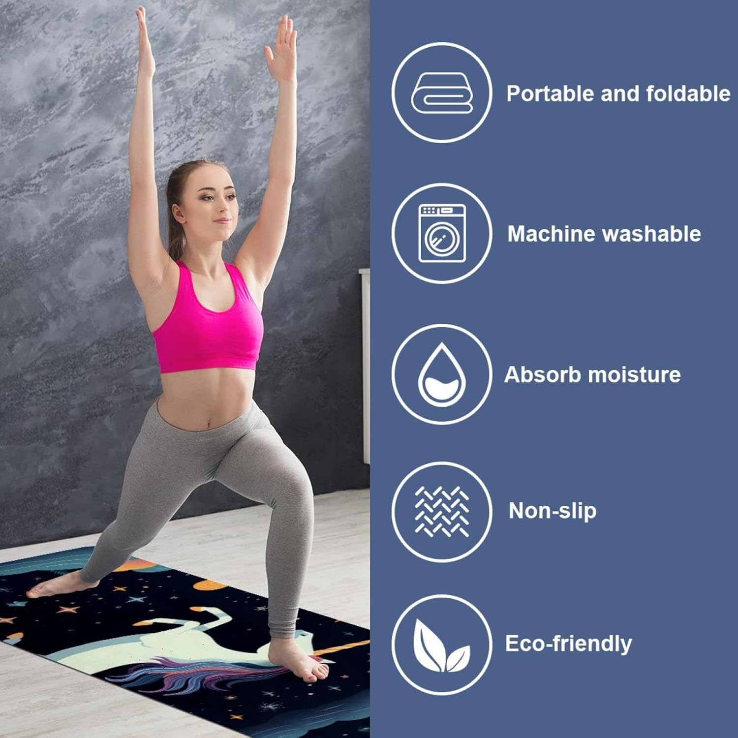 Yoga Towel, Galaxy Unicorn Pattern Non Slip Sweat Absorbent Hot Yoga Mat Towel for Hot Yoga, Pilates and Fitness - 72.8" x 26.8"