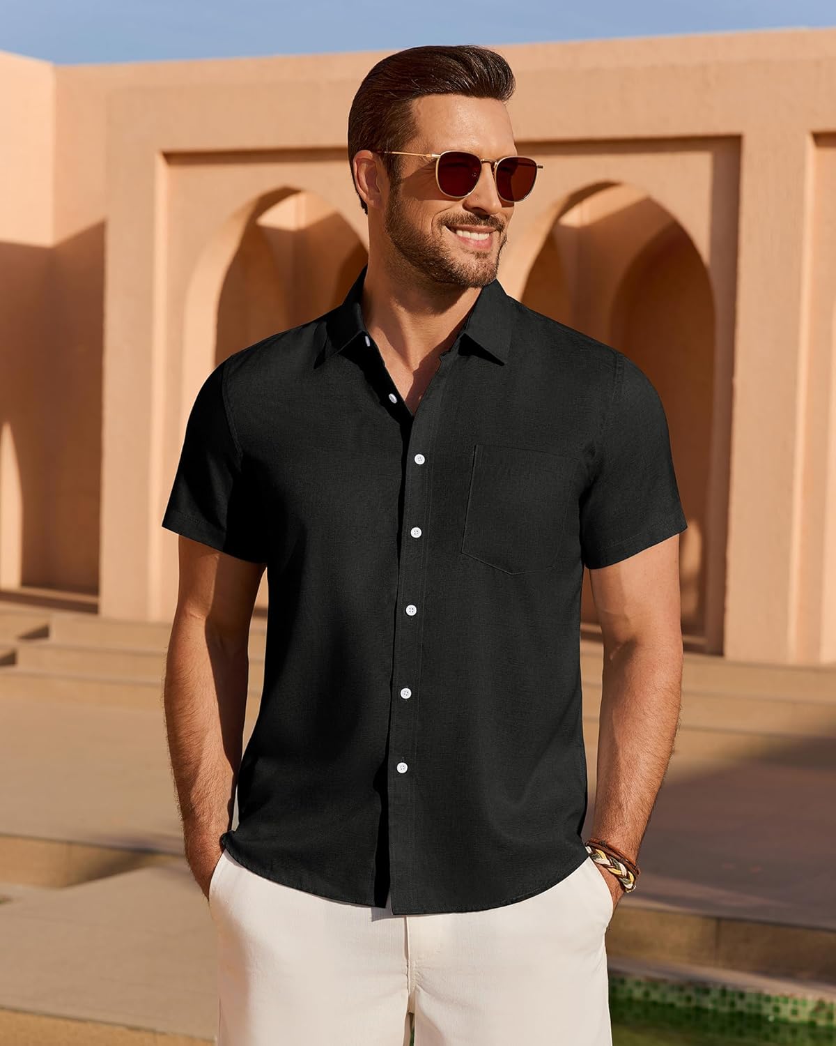 Mens Linen Shirt Short Sleeve Wrinkle Free Casual Untucked Button Down Shirts Beach Breathable Tops Summer - Image 2