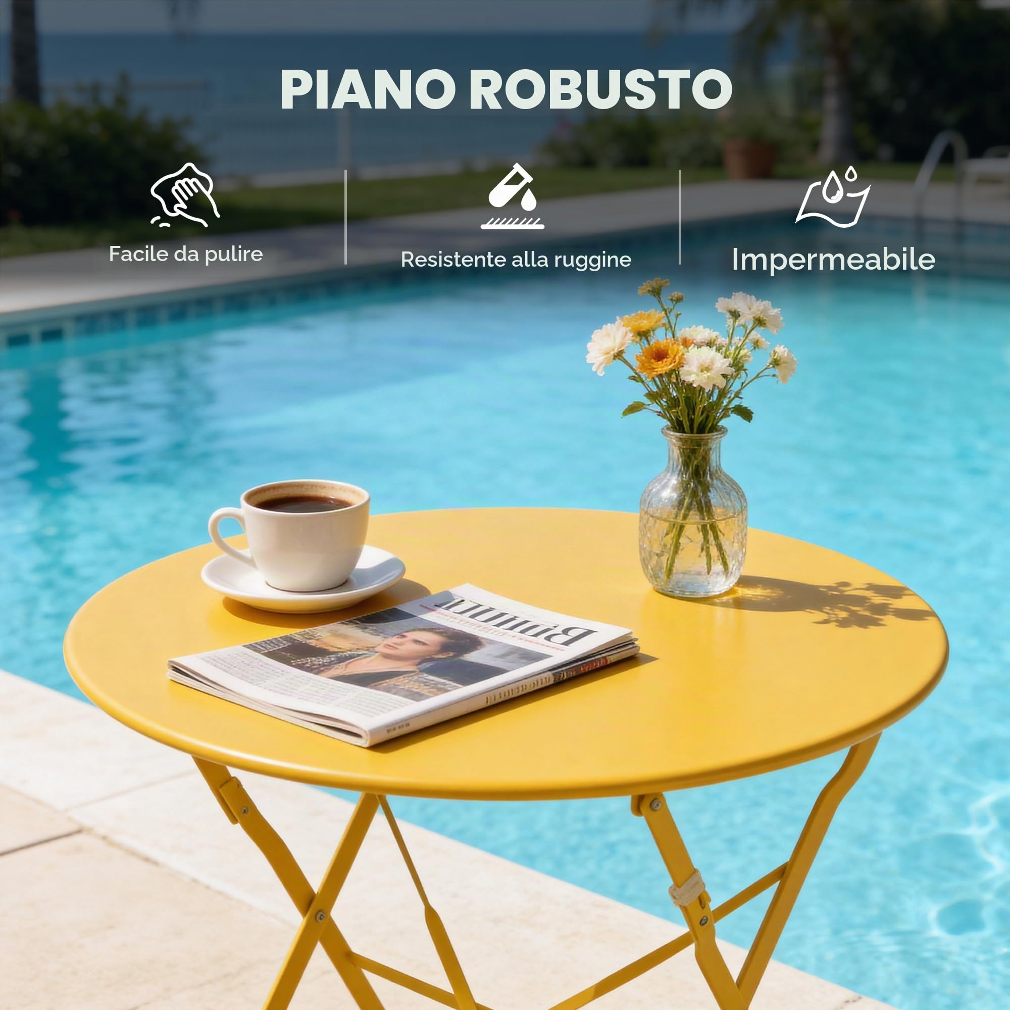 Grand patio Set Bistrot, 1 Tavolo e 2 Sedie, Ripiegabile, Set da Balcone, Struttura in Metallo, Vari Colori,salvaspazio, Set arredo Giardino per Balcone, Esterno (Giallo)