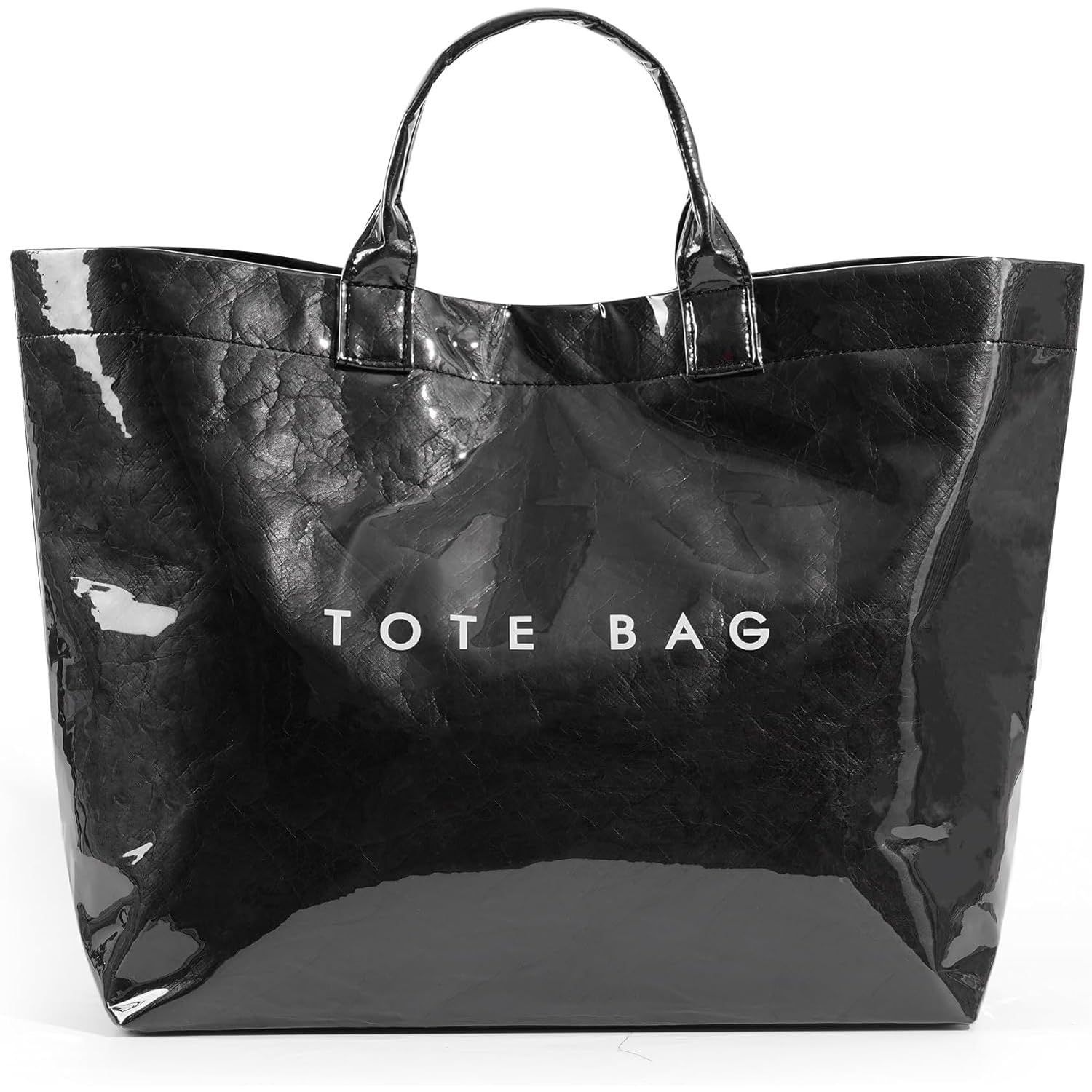 ALANTOP Clear PVC Tote Bag for Women – Large Capacity, Waterproof, Letter Print Design, Kraft Paper Style – Top Handle Shoulder Bag for Beach, Travel, Shopping, and Daily Use (Black)