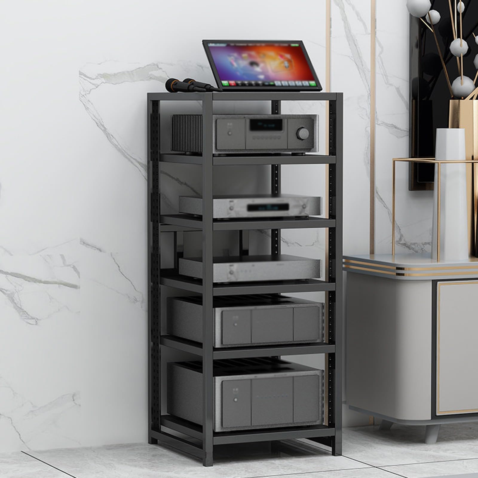 Étagère pour matériel Audio (Disponible en 3/4/5/6 Niveaux) — Support pour Enceintes stéréo, Support pour équipements Audio, Meuble Audio Ouvert(Black,6 Layer)
