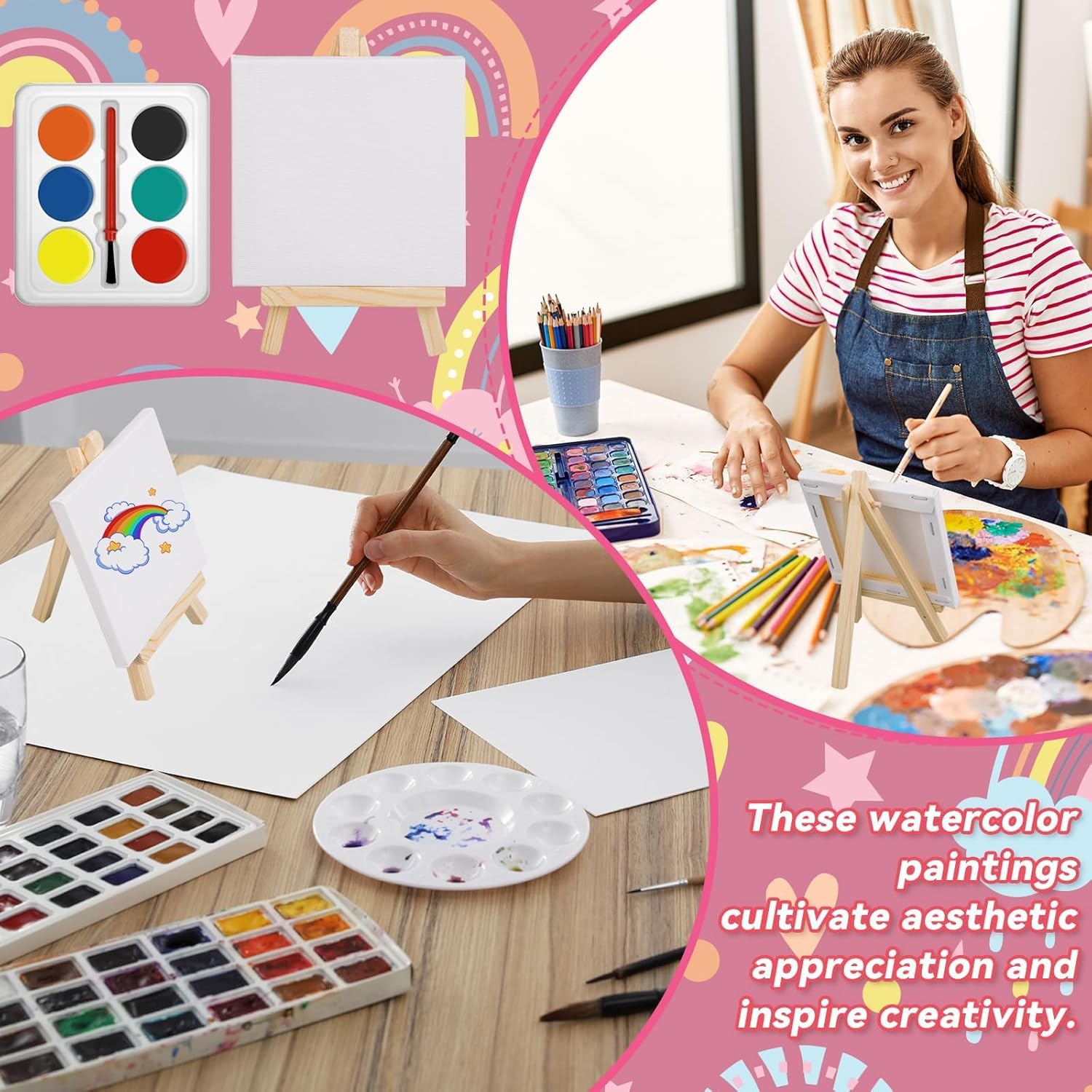 Gosodeny 24 Sets Watercolor Paint Set Panel with Wooden Easel Watercolor Paint Painting Brush Kit Rainbow Cards Valentine's Rewards,Exchange Gifts Party Favor Art Supplies