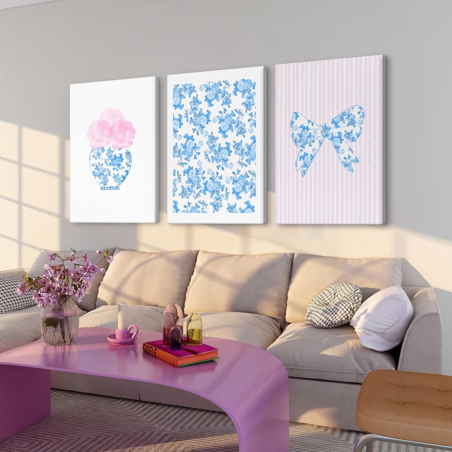 Blue And Pink Flower Wall Art Bow Chinoiserie Wall Decor Blue White Canvas Wall Art Preppy Posters Wall Decor Watercolor Trendy Prints Aesthetic Painting for Girly Room Bedroom 12x16x3 Inch Framed