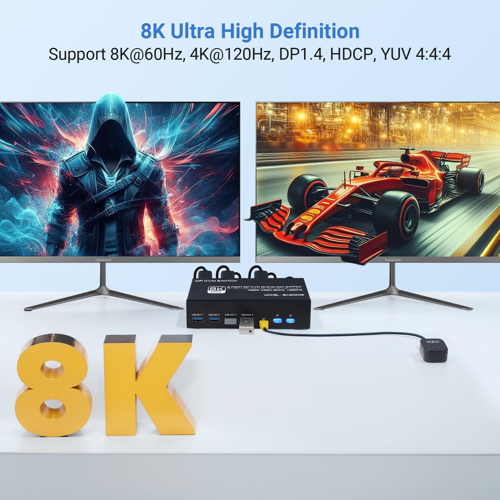 TCNEWCL Commutateur KVM DisplayPort 4K 144 Hz 2 PC 2 moniteurs 8K 60 Hz DP 1.4 USB 3.0 Double écran, prise en charge étendu et mode de copie avec contrôleur de bureau et 4 câbles DP+ 2 câbles USB