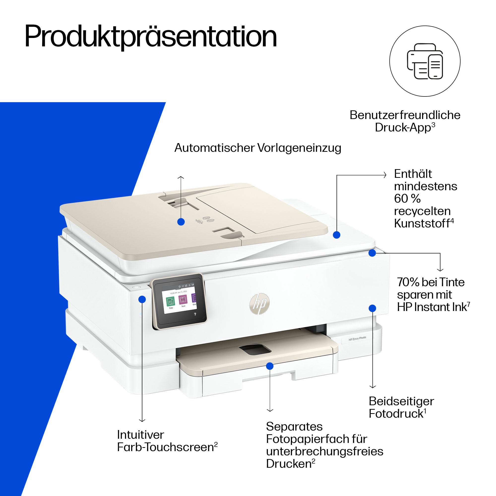 HP Envy Photo 7930 Multifunktionsdrucker, Tintenstrahldrucker, 6 Monate gratis drucken Instant Ink inklusive, Drucken, Scannen, Kopieren, Fotodruck, ADF, DIN A4, WiFi, USB