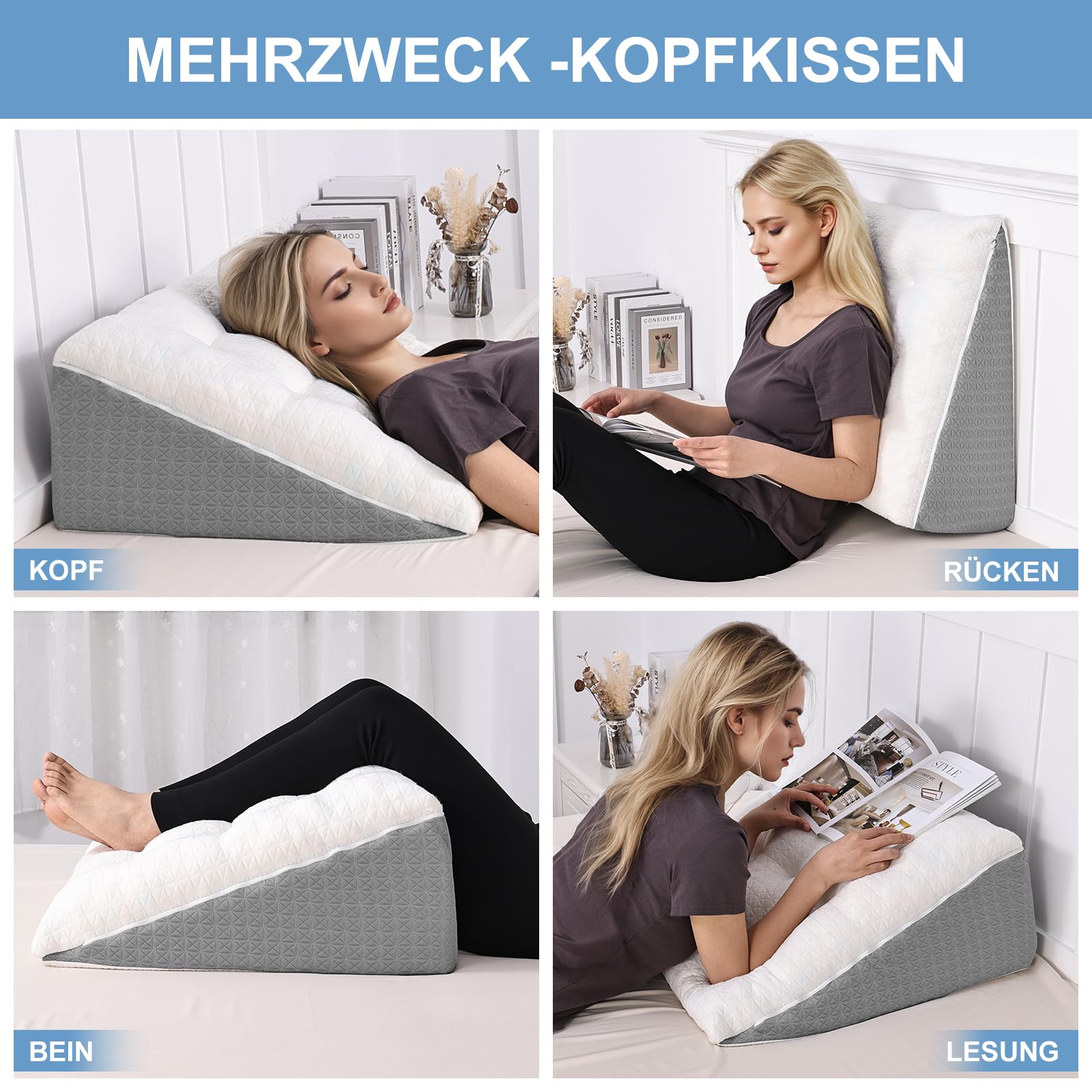 Keilkissen für Bett und Sofa-Doppelte Lage Memory Schaum Lesekissen-Ergonomischer Bettkeil für Reflux Schlafapnoe, Perfekt Rückenkissen für Rückenunterstützung beim Spielen -55X55X25cm