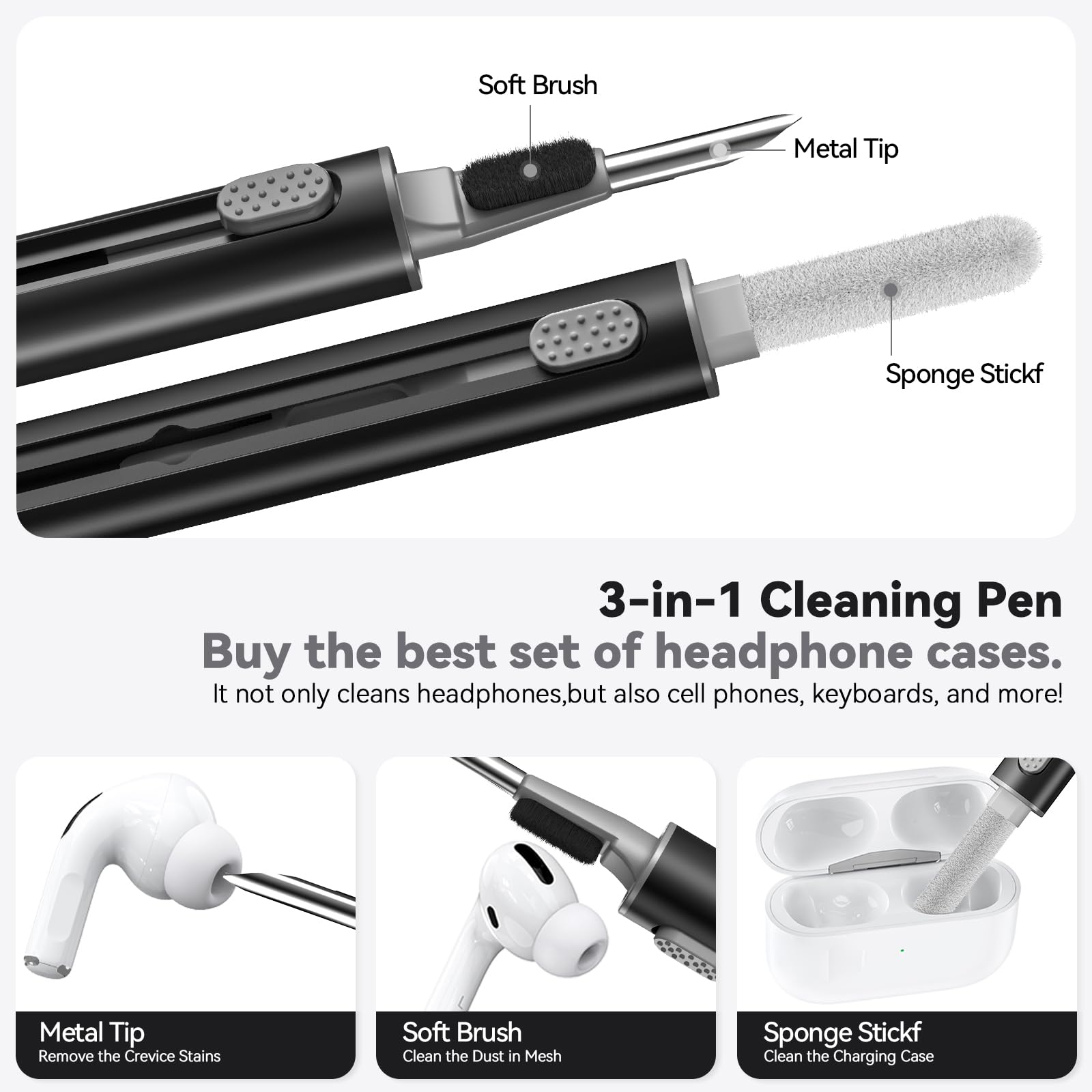 Inesore Compatible with AirPods Pro 3 Case with Cleaning Kit, Silicone Protective Case Cover for Apple Air Pods Pro 3rd (2025), Unisex Design - Black — view 7
