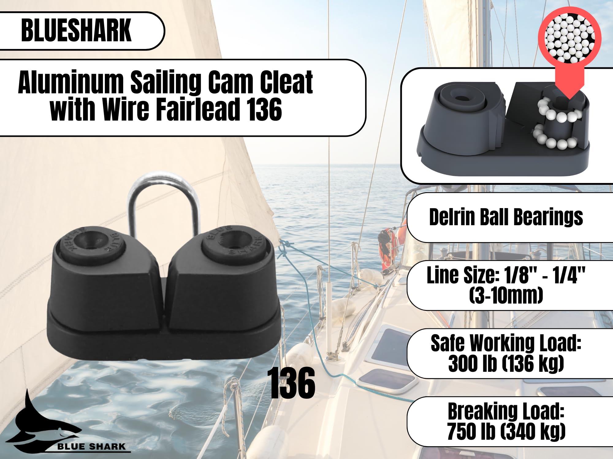 Blue Shark: Aluminum Sailing Cam Cleat with Wire Fairlead 136 | for Line Sizes 1/8” in to 3/8” in (3-10mm) | 300 lb Safe Working Load 750 lb Breaking Load | Premium Quality (1-Pack)