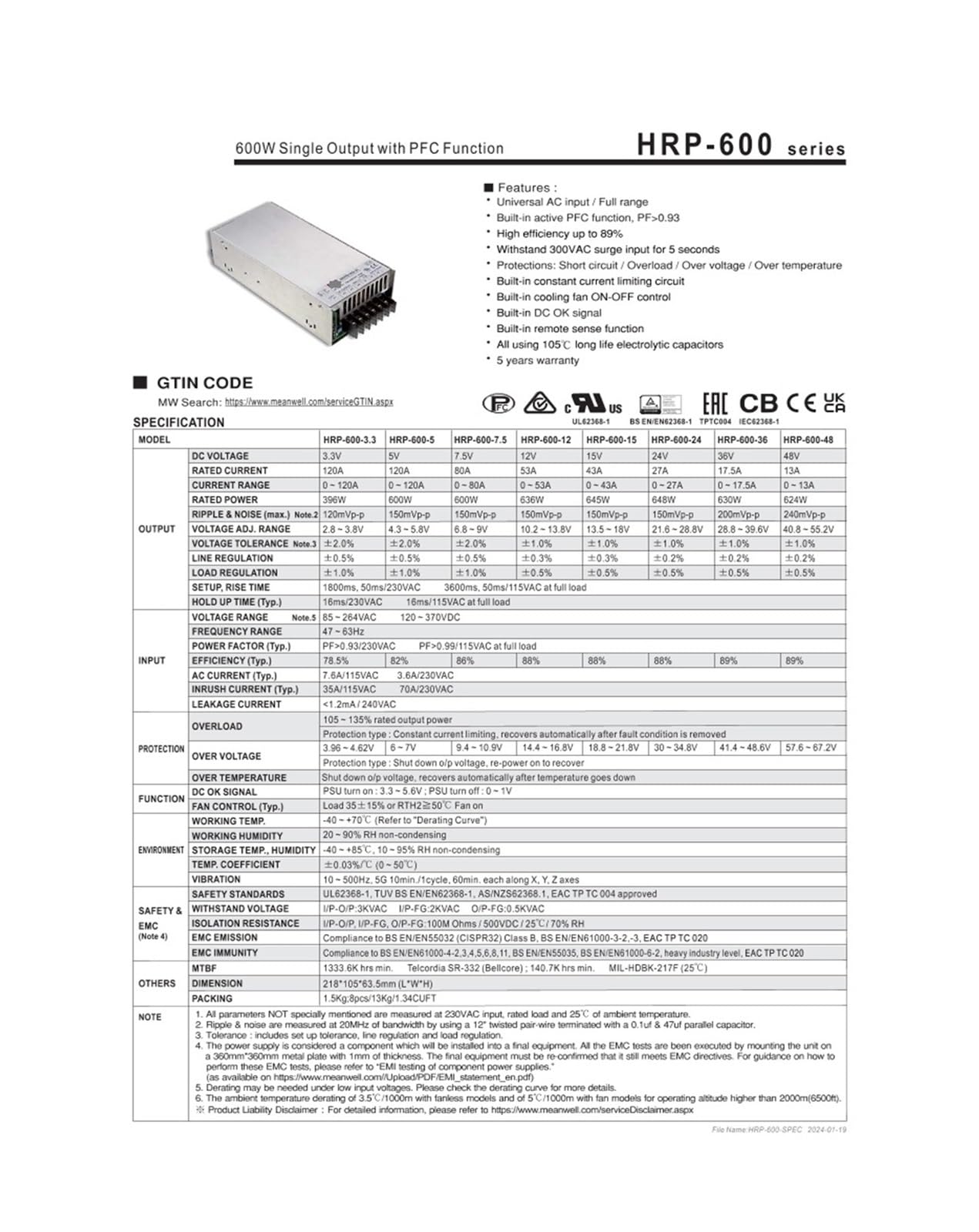HRP-600 Series 3.3V 5V 7.5V 12V 15V 24V 36V 48V 600W zasilacz przełączający z jednym wyjściem