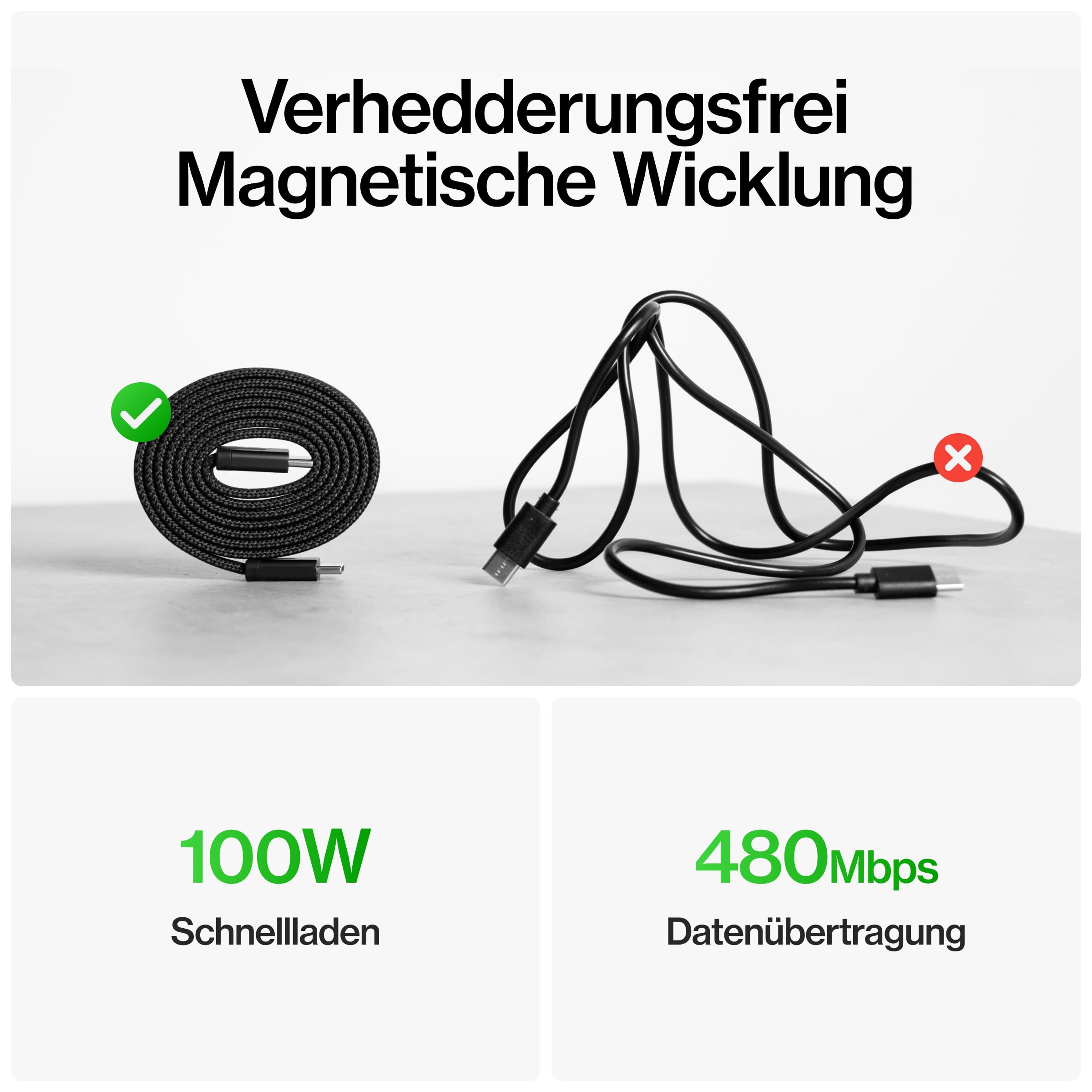 Statik MagStack Pro USB-C auf USB-C Kabel 3er-Pack, magnetisches Anti-Verhedderungs Flachkabel, Schnelllade-Ladekabel, kompatibel mit iPhone 16 Pro Max, iPhone 15, Galaxy S24 Ultra, 100W, je 1 m