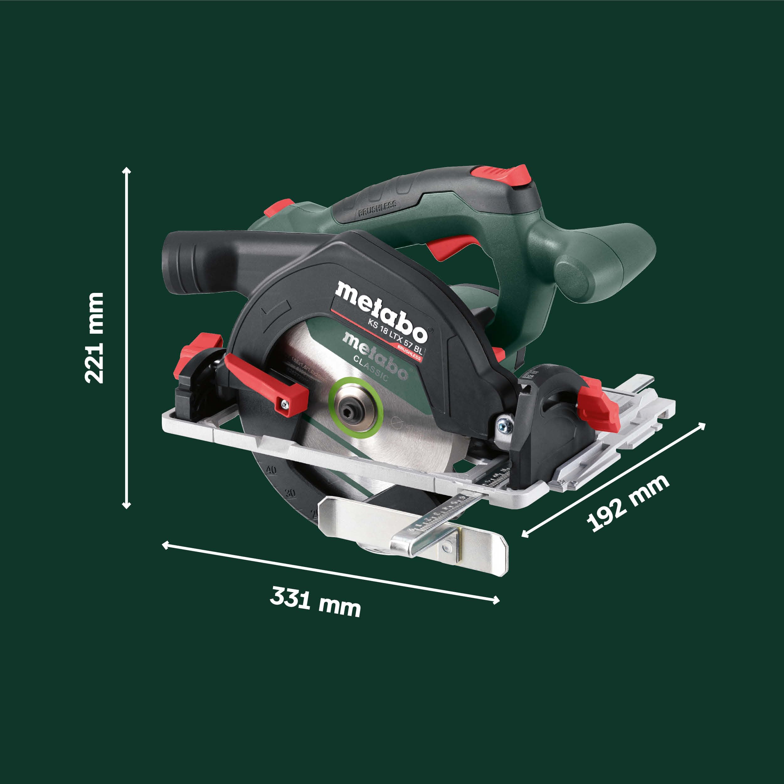 metabo KS 18 LTX 57 BL Akku-Handkreissäge, 18V Brushless, 57mm Schnitttiefe | Präzise Schnitte, Aluminium-Bodenplatte, Schrägschnitte bis 50°, 45° Rastpunkt, inkl. metaBOX, ohne Akku & Ladegerät.