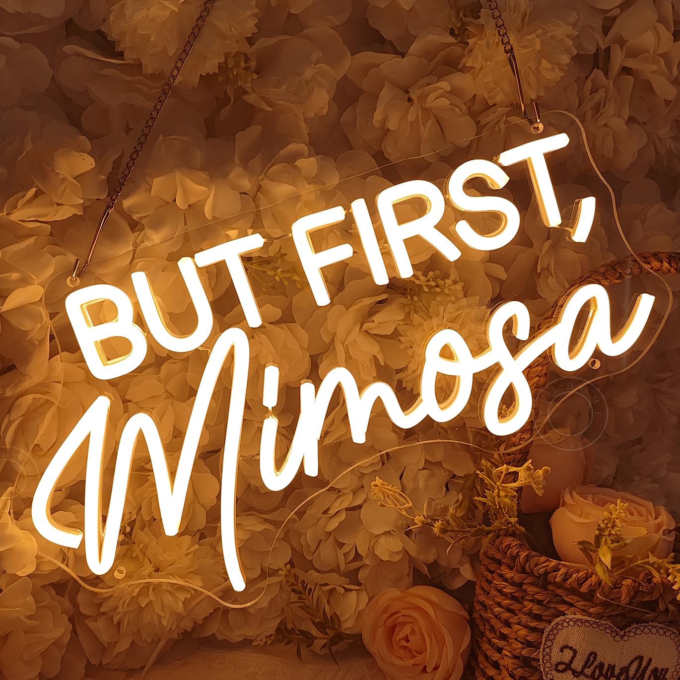 SYLHOME But First Mimosa Led Neon Light Sign Bar Shop Bedroom Wall Sign Decor Wedding Birthday Graduation Baby Bridal Shower Party Banner Backdrop USB 15.75"X8.5"