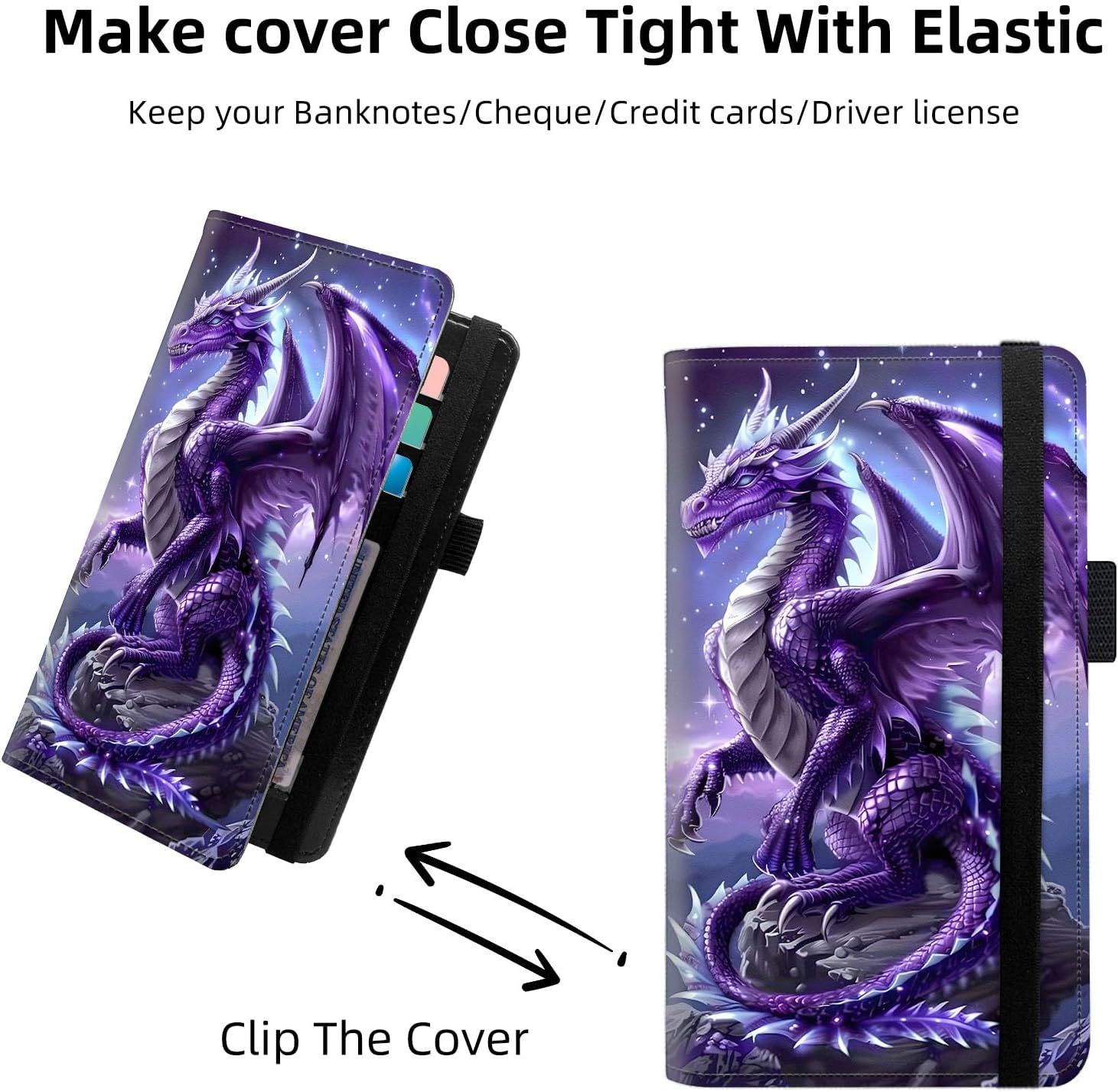 Checkbook Cover for Duplicate Checks, RFID Blocking PU Leather Checkbook Holder for Women Men, Slim Check book Covers with Pen Slot and Sturdy Writing Support, Purple Dragon Wings