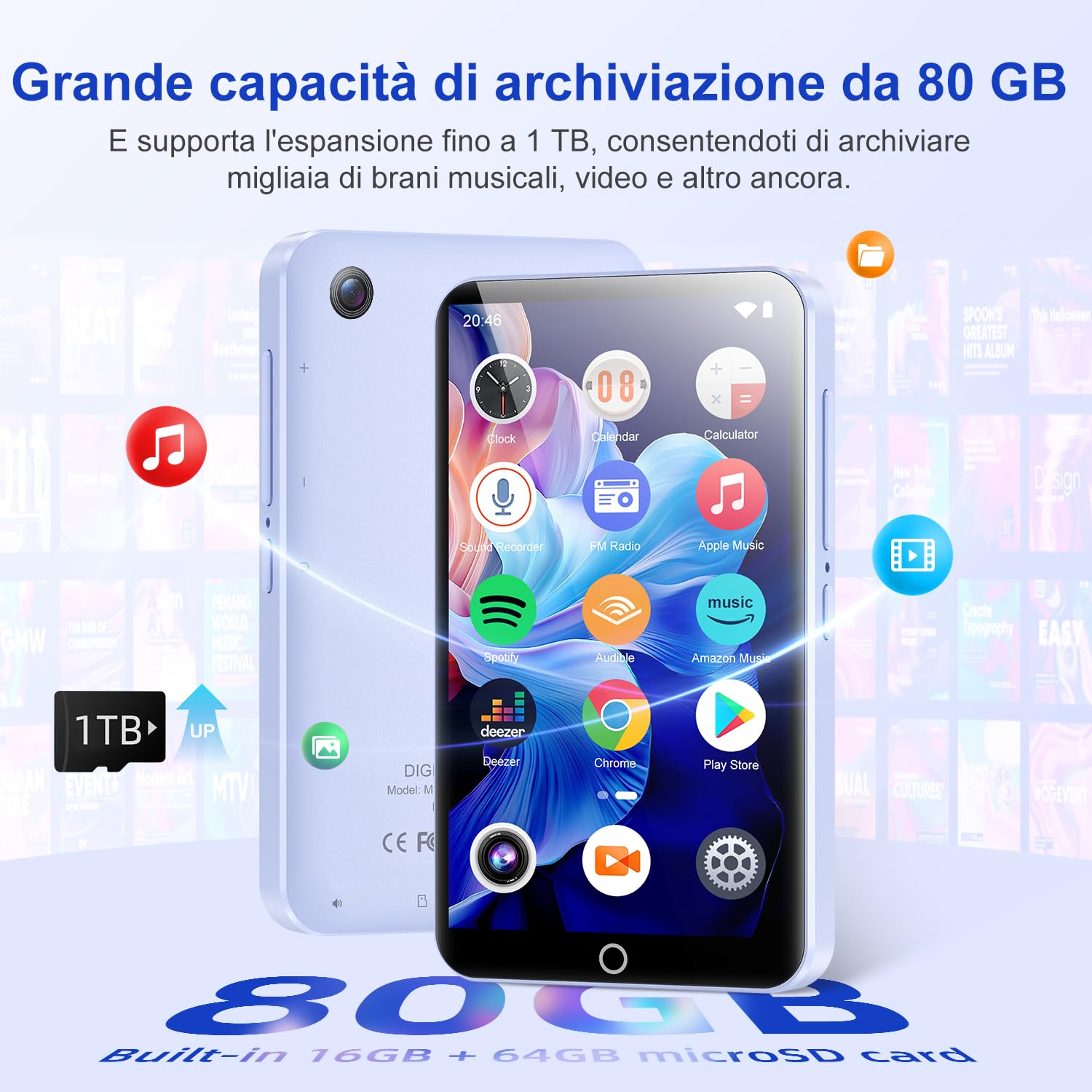 Lettore MP3 da 80 GB con Bluetooth e WiFi, Mp3 e Mp4 Musicale Lettore con Fotocamera, MP3 Player Schermo Tattile da 4.02 pollici, Lettore MP4 Android Portatile con Spotify, Audible, app Play Store