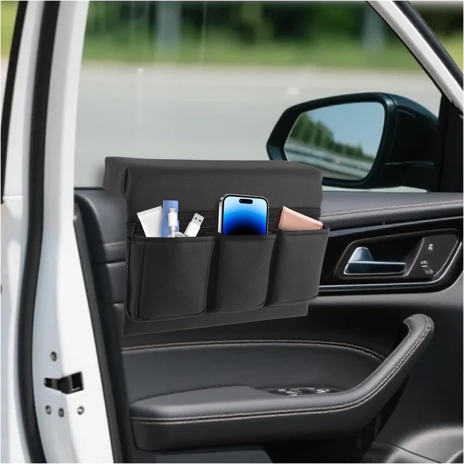 Car Armrest Storage Box for Window, Versatile Car Window Armrest with 3 Small Pockets & 1 Large Zipper Pockets, Comfortable Cars Door Armrests Pad Organizer Fits Most Vehicles