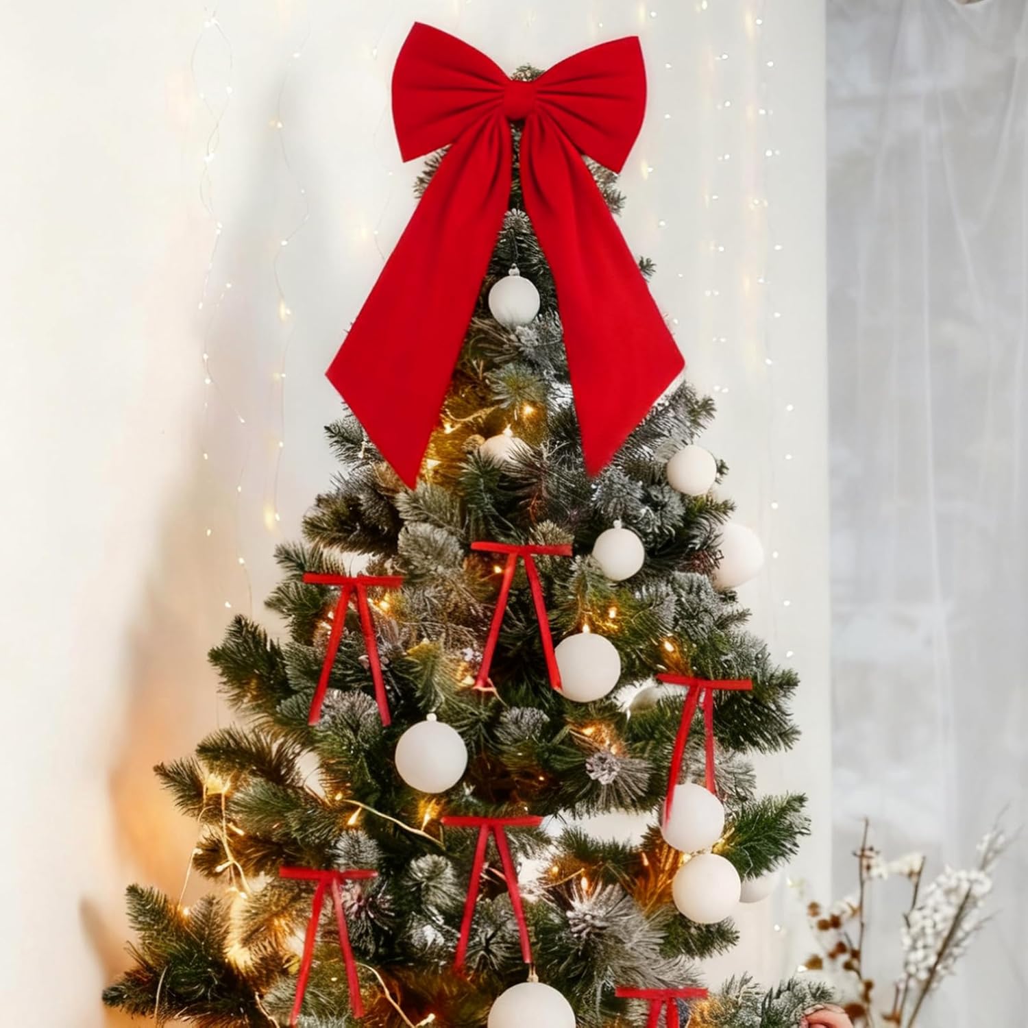 CEELGON Large Red Velvet Christmas Tree Topper Bow & 24 Pcs Long Velvet Ribbon Bows Xmas Decorations Ornaments Garland for Holiday Home Decor (Red)