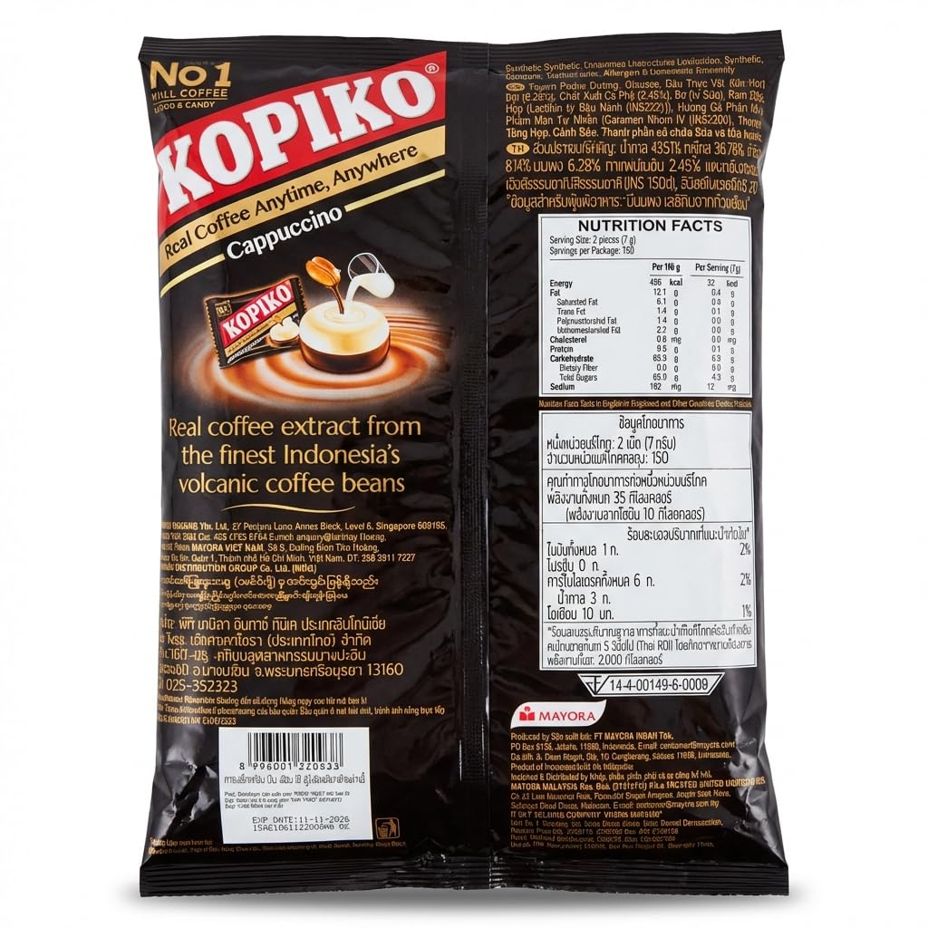 Kopiko Cappuccino Coffee Candy 1050 g (300 cukierków) - Halalowe cukierki kawowe w stylu cappuccino - Duże opakowanie - Kremowy smak kawy - Opakowania indywidualne