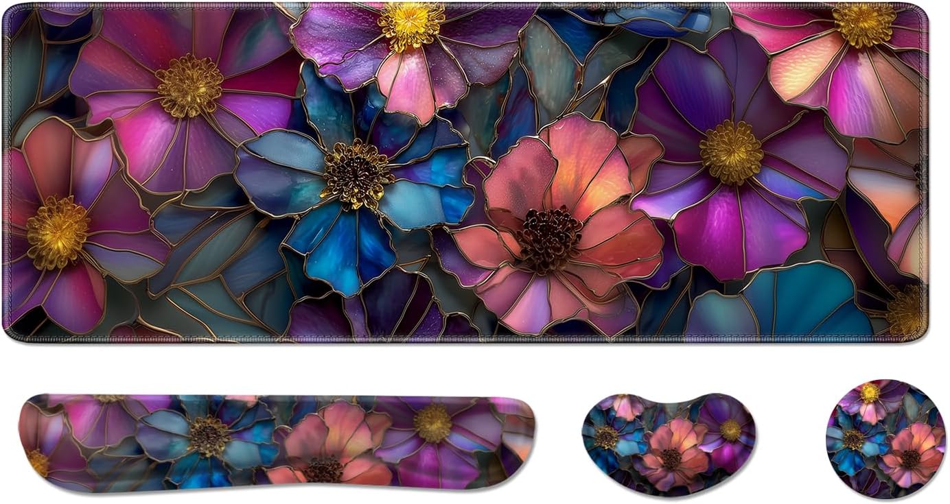 Desk Pad and Keyboard Wrist Rest, Large Mouse Pad + Keyboard Pad+Mouse Wrist Support, Non-Slip Desk Mat Protector for Office, Home 31.5×11.8 Inches Glass Flower