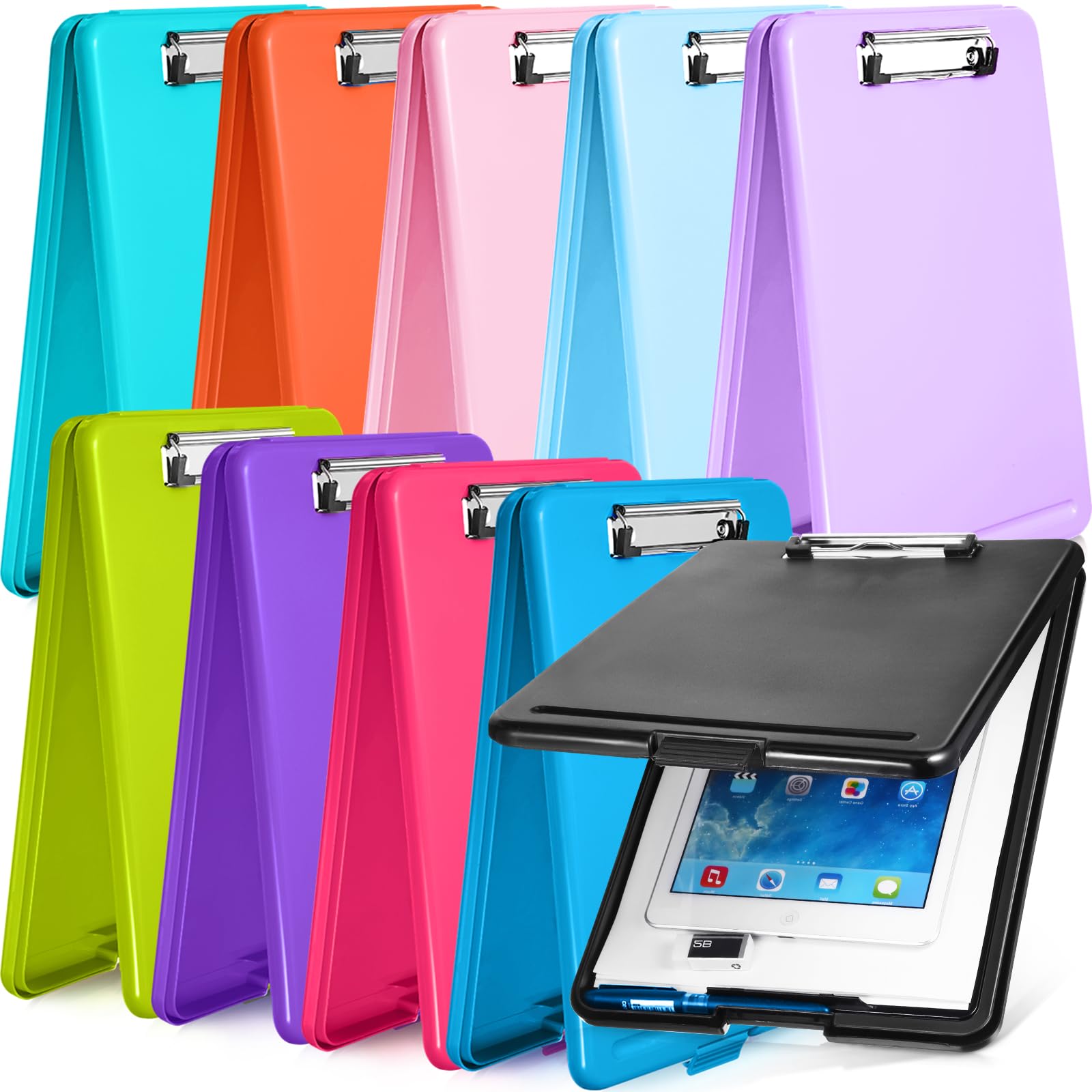 10 Pieces Clipboard with Storage Plastic Storage Clipboard Nursing Clip Board Foldable Clip Board with Low Profile Clip for Home Office School, Size