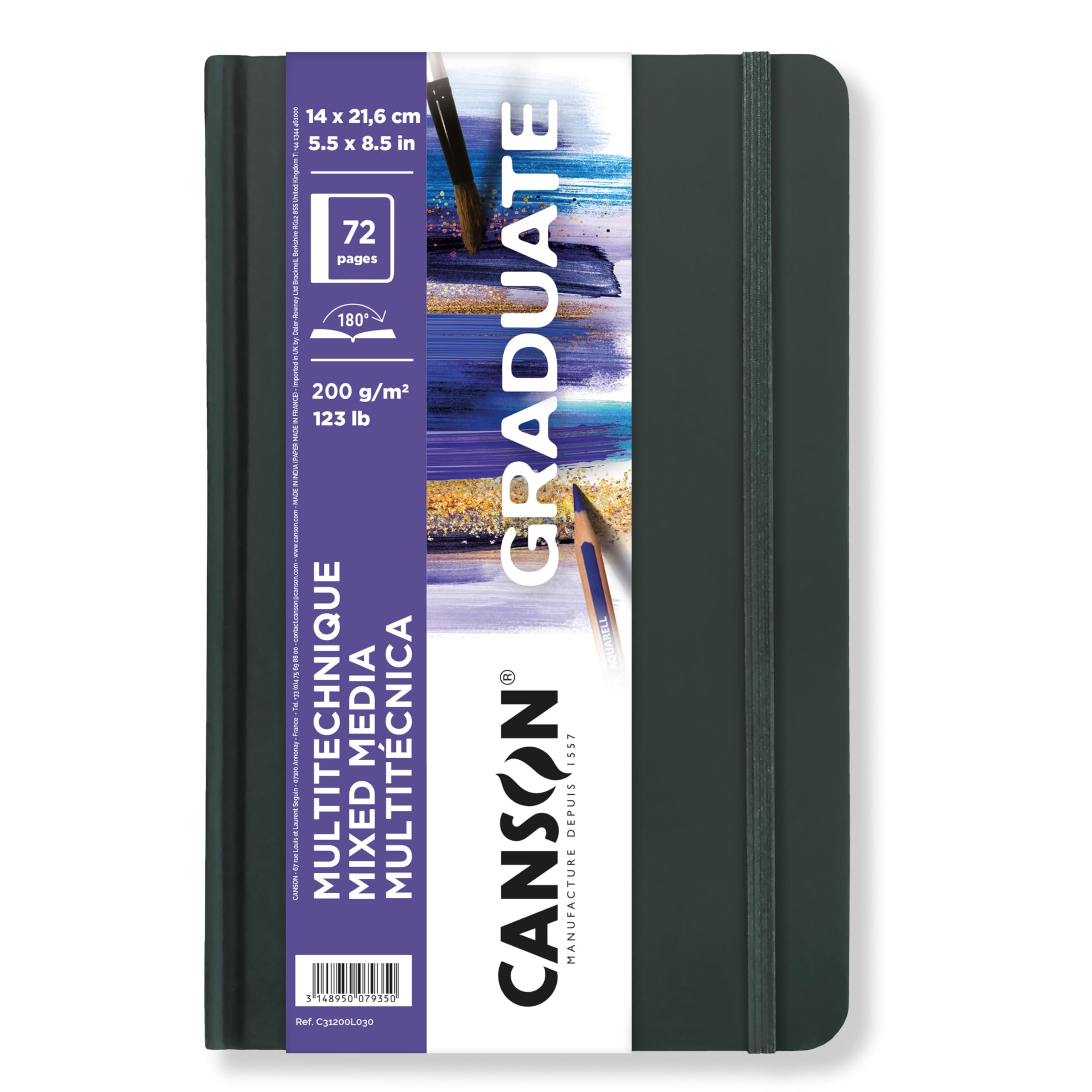 CANSON Graduate Book, Schetsboek, Dubbelzijdig: Korrelig En Glad, 220 G M2 Sketchbook Hardcover 14 X 21 6 Cm Grijs 64 Vellen 753300644