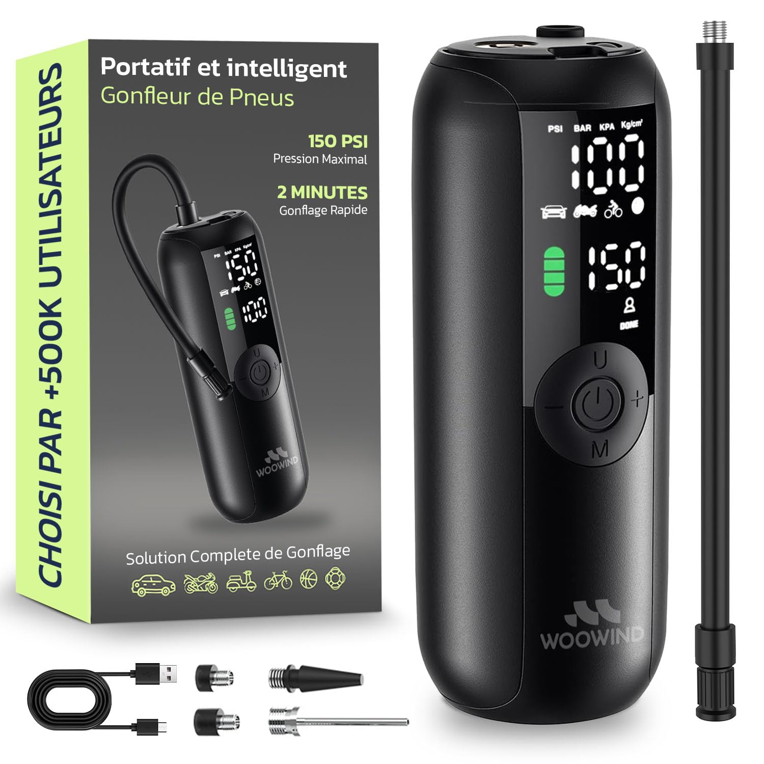 - Woowind Portable Tire Inflator for Car, Bike Pump, Portable Air Compressor, 1 Minute Inflation, 150PSI Air Pump for Car Tires, Bikes, Motorcycles, Balls - with Digital Pressure Gauge