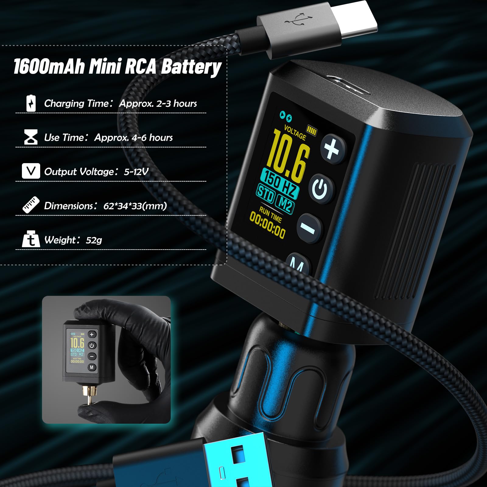RHEIN Maquina de Tatuar Kit de Tatuaje Completo, 1600mAh LED Bateria Fuente de Alimentacion, 4 modos de memoria STD/NPS,Agujas de Tatuaje, Tintas Colores para Tatuar con Todos Necesitos