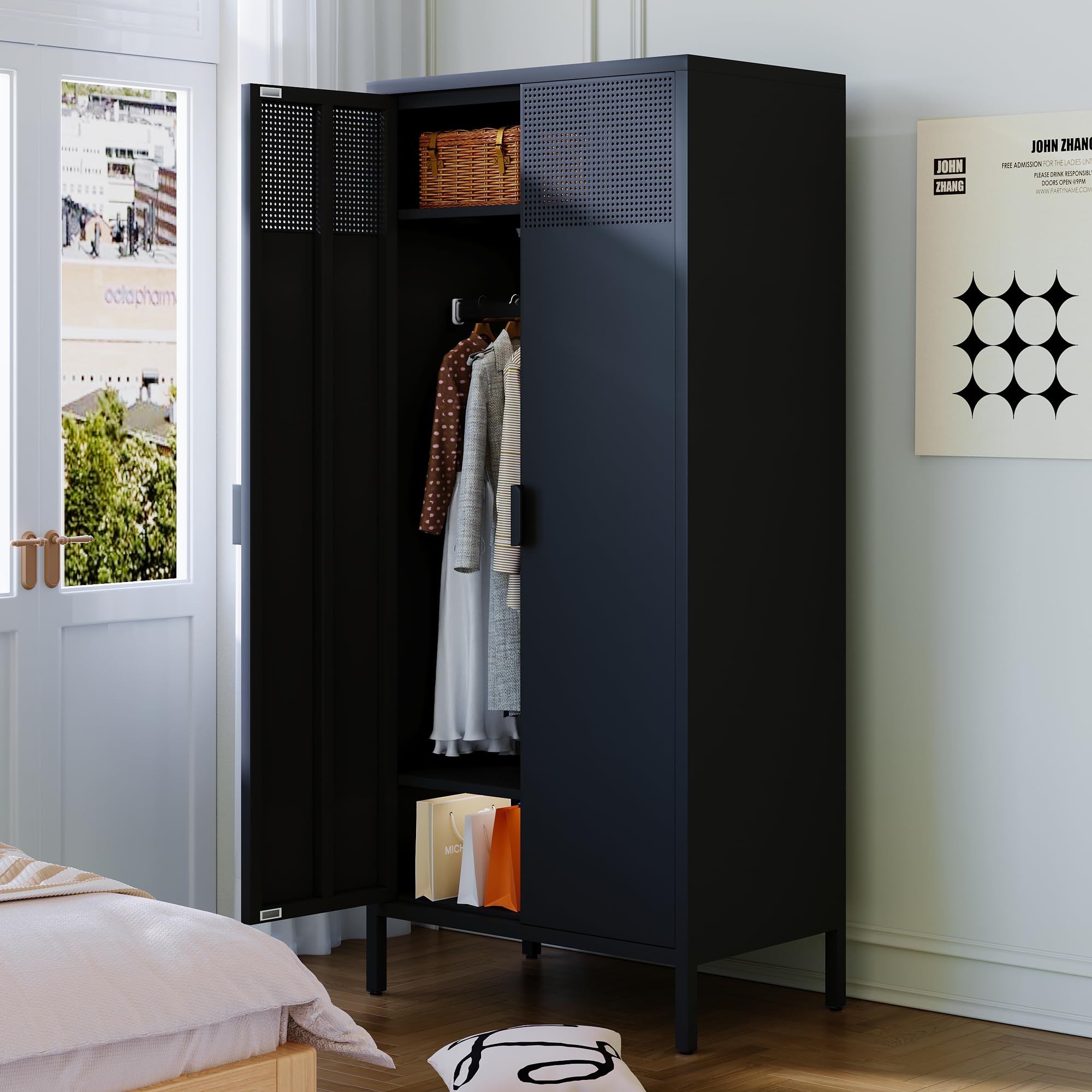 COFaR Armadio in metallo con asta per appenderlo, altezza 180,3 cm, per camera da letto, armadio, armadio per casa, ufficio, garage, lavanderia, nero