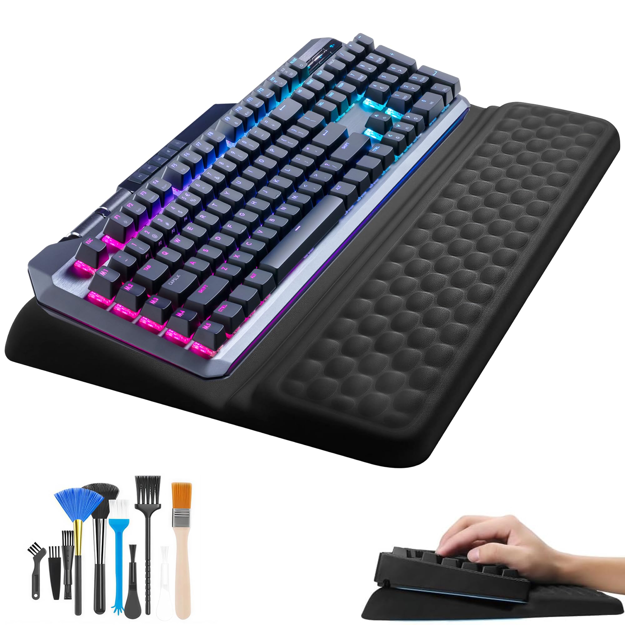 2-in-1 Keyboard Wrist Rest with Stand: Soft Memory Foam Keyboard Wrist Support Non-Slip Keyboards Rest with 10Pcs Cleaning Brushes for Typing Wrist Relief Gaming
