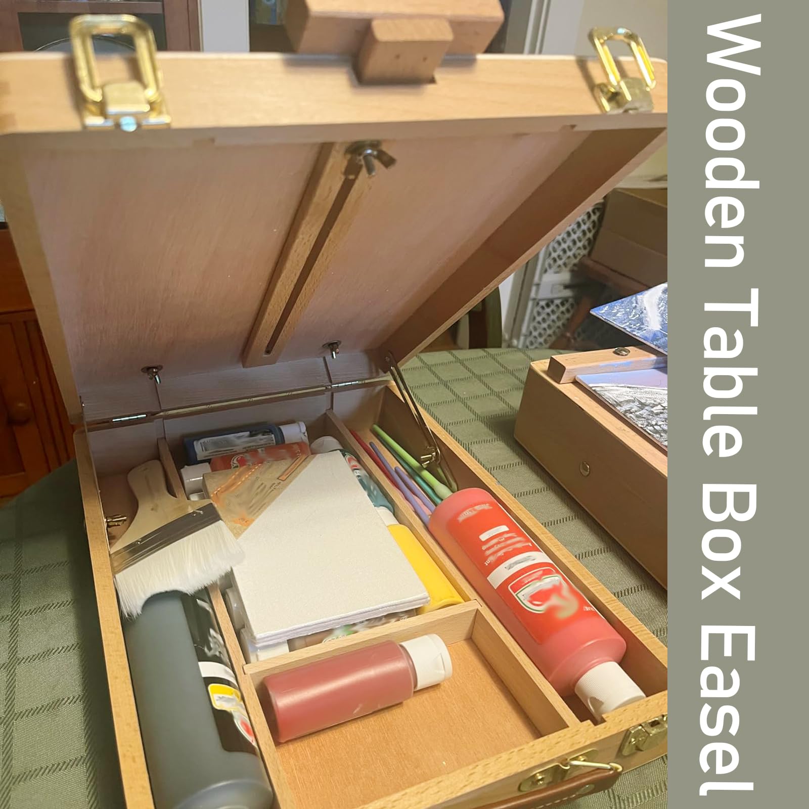 Caballete de mesa de madera, caja de almacenamiento de pintura ajustable, caballete de arte portátil para pintura, dibujo, artistas