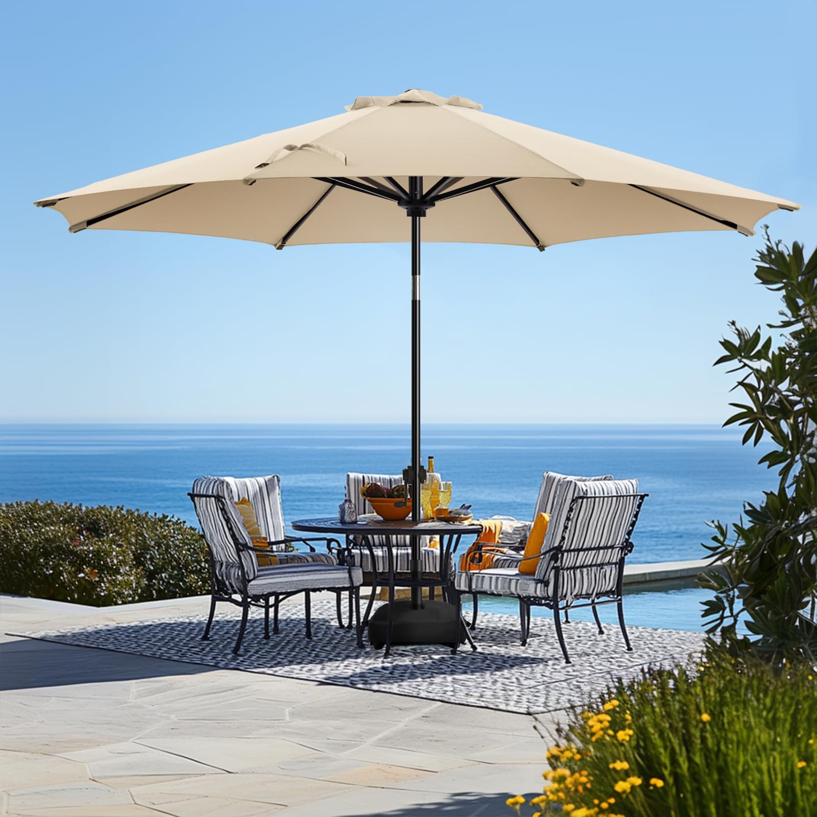wikiwiki 11ft patio umbrellas with base included, outdoor umbrella with sandbag base, 8 sturdy ribs, fade resistant waterproof polyester dty canopy for garden, lawn, deck, backyard & pool?beige