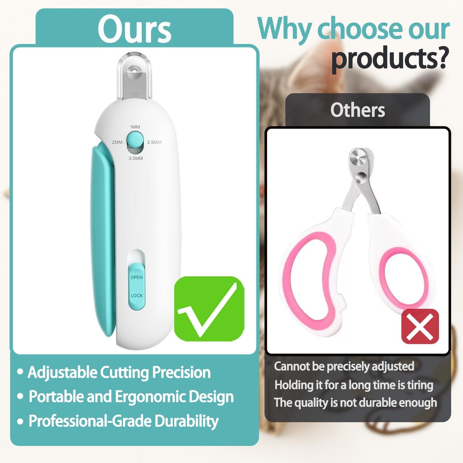 Cortaúñas para gatos y gatitos pequeños, cortaúñas seguro con guía ajustable de 3 tamaños y lima de uñas, protector antisalpicaduras para un aseo fácil y sin estrés de mascotas en casa