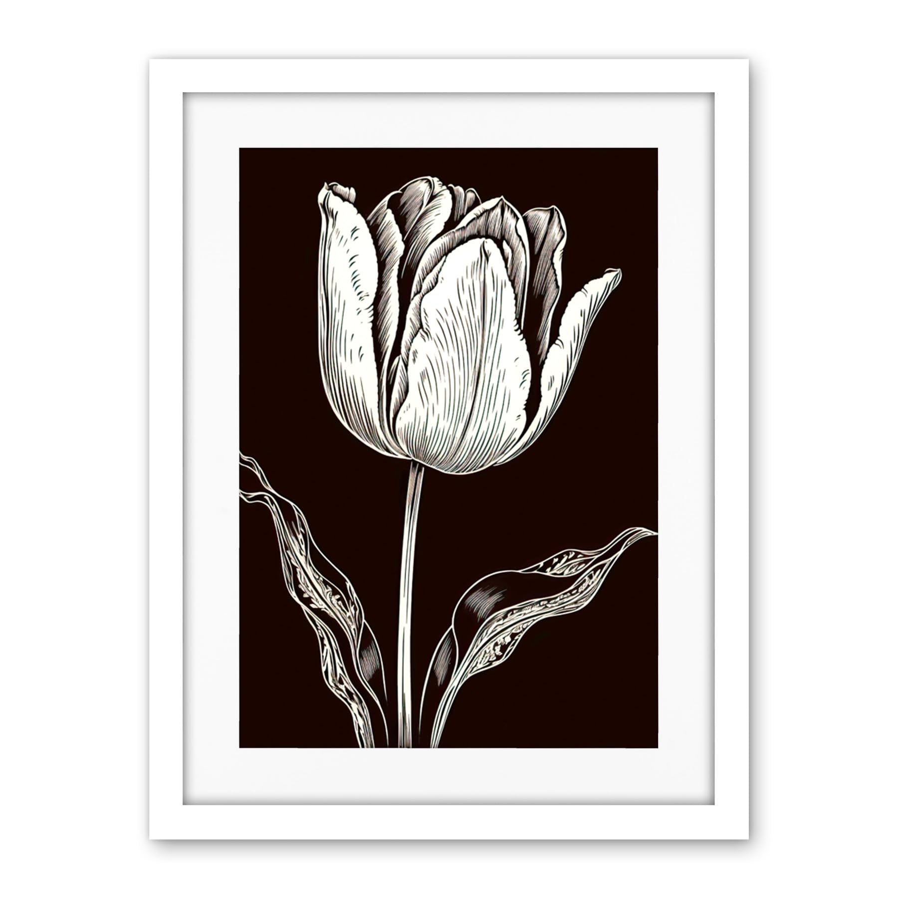 Artery8 Tulip Flower Black and White Contour Folk Art Artwork Framed Wall Art Print 18X24 Inch