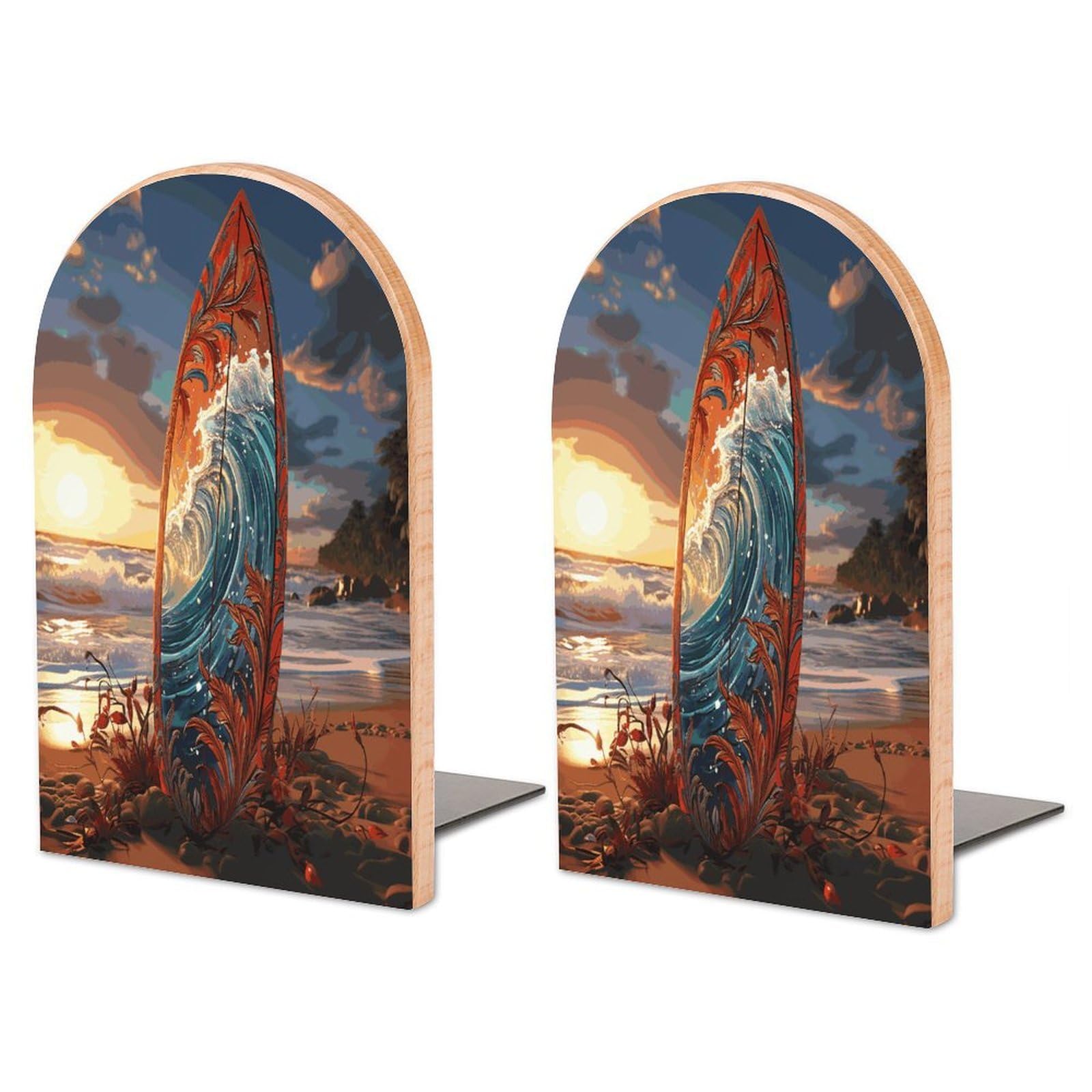 Colorful Surfboard Bookend for Shelves Wooden Book End Large Size Sturdy Book Holders Stoppers with Metal Base for Bookshelves Slick Decorative Bookends Stands