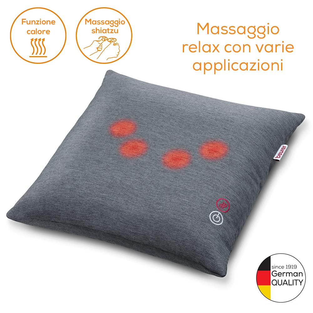 Beurer MG 135 Cuscino per Massaggio Shiatsu con Fuzione Calore 4 testine massaggianti, spegnimento automatico, rivestimento lavabile, per spalle, collo, schiena e gambe, 40 x 40 cm