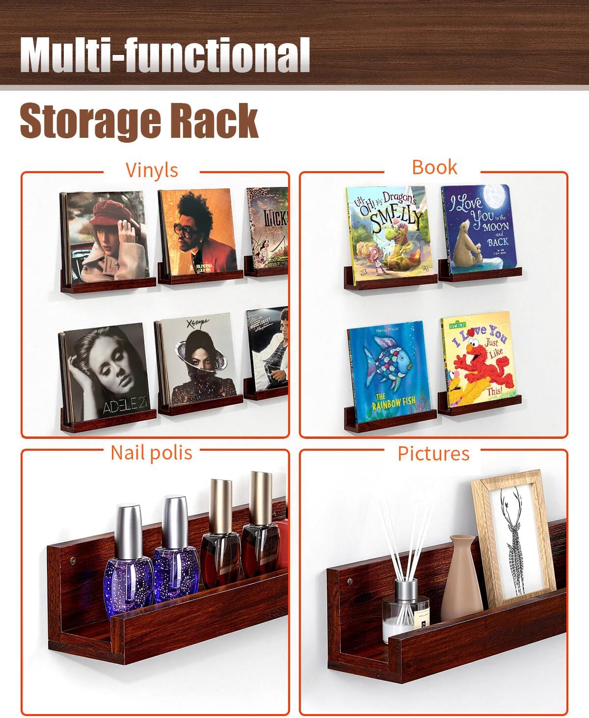 Vinyl Record Shelf Wall Mount, Large Record Holder – Storage & Display for Multiple Albums, Wooden Vinyl Record for Music Room, Living Room, Bedroom (Walnut Color)