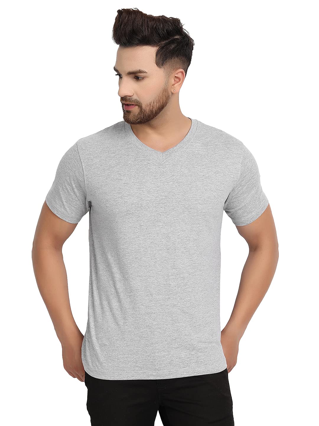 Men V-Neck Casual Solid Grey Melange Halfsleeve T-Shirt