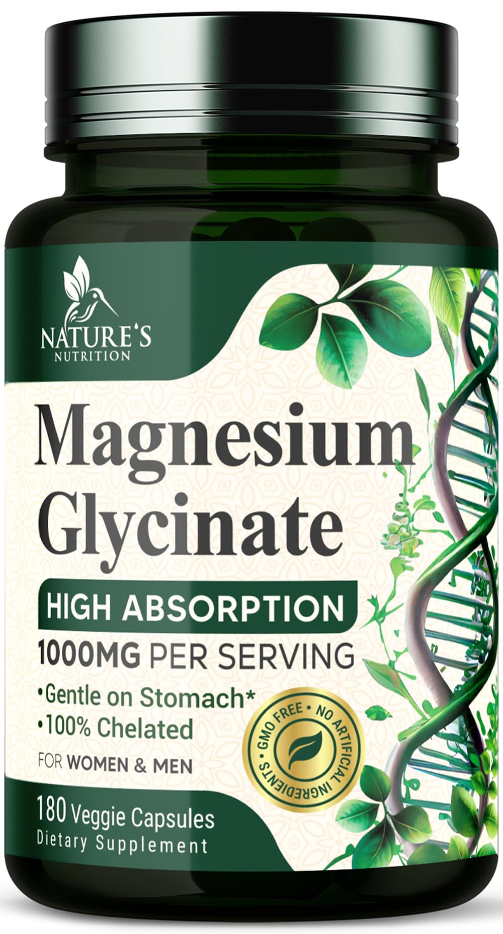 Magnesium Glycinate 1000mg - Pure & Chelated for High Absorption - Supports Muscle, Nerve, Bone & Heart Health - Best Magnesium Supplement for Gentle Sleep Support, Vegan, Bottled USA - 180 Capsules 180 Count (Pack of 1)