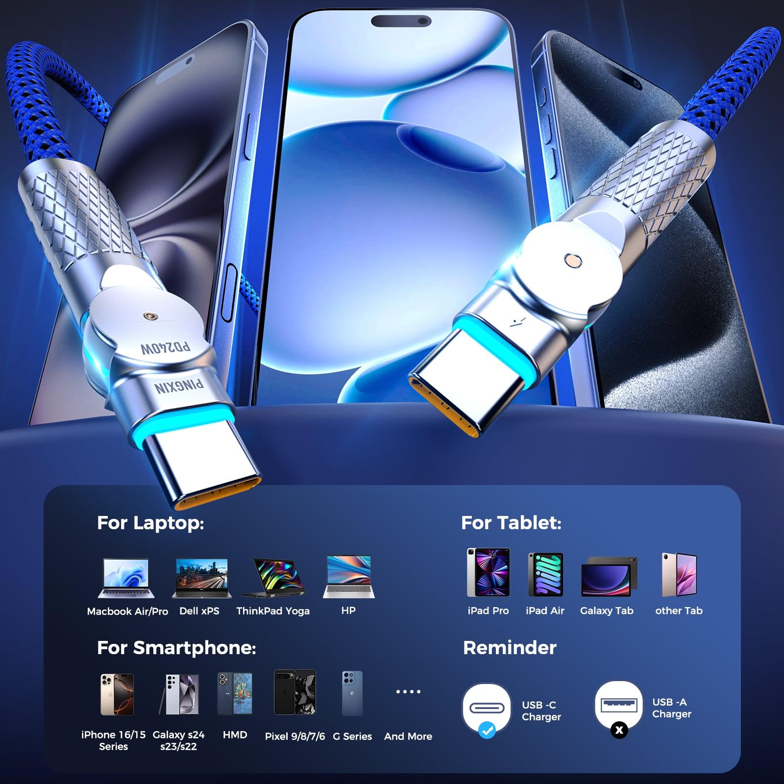 Cable USB C a USB C de 6.5 pies, 240 W, 2 unidades, trenzado giratorio de 180°, cable de carga tipo C, carga rápida para iPhone 15/16/16Pro/16Plus/16ProMax, MacBook Air, iPad Pro, Pixel, Samsung