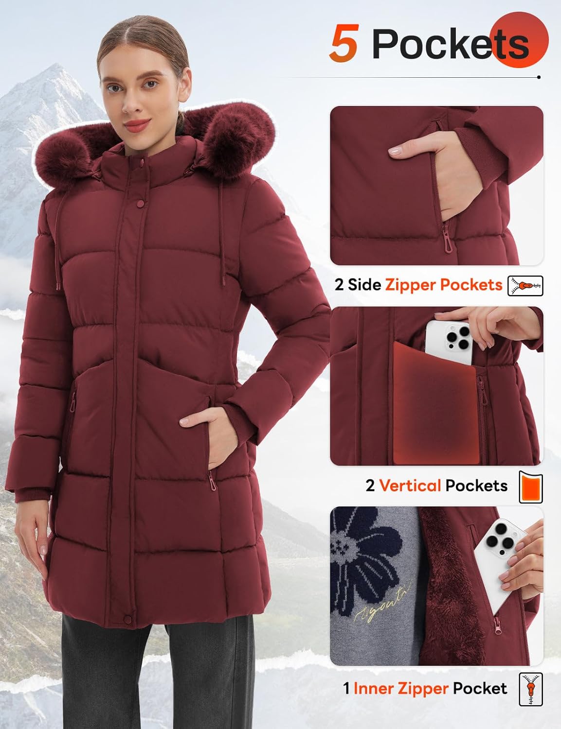ASPO Women's Winter Warm Coats Waterproof Thick Fleece Lined Down Puffer Jacket 5 Pockets Long Parka Faux Fur Detachable Hood - Image 6