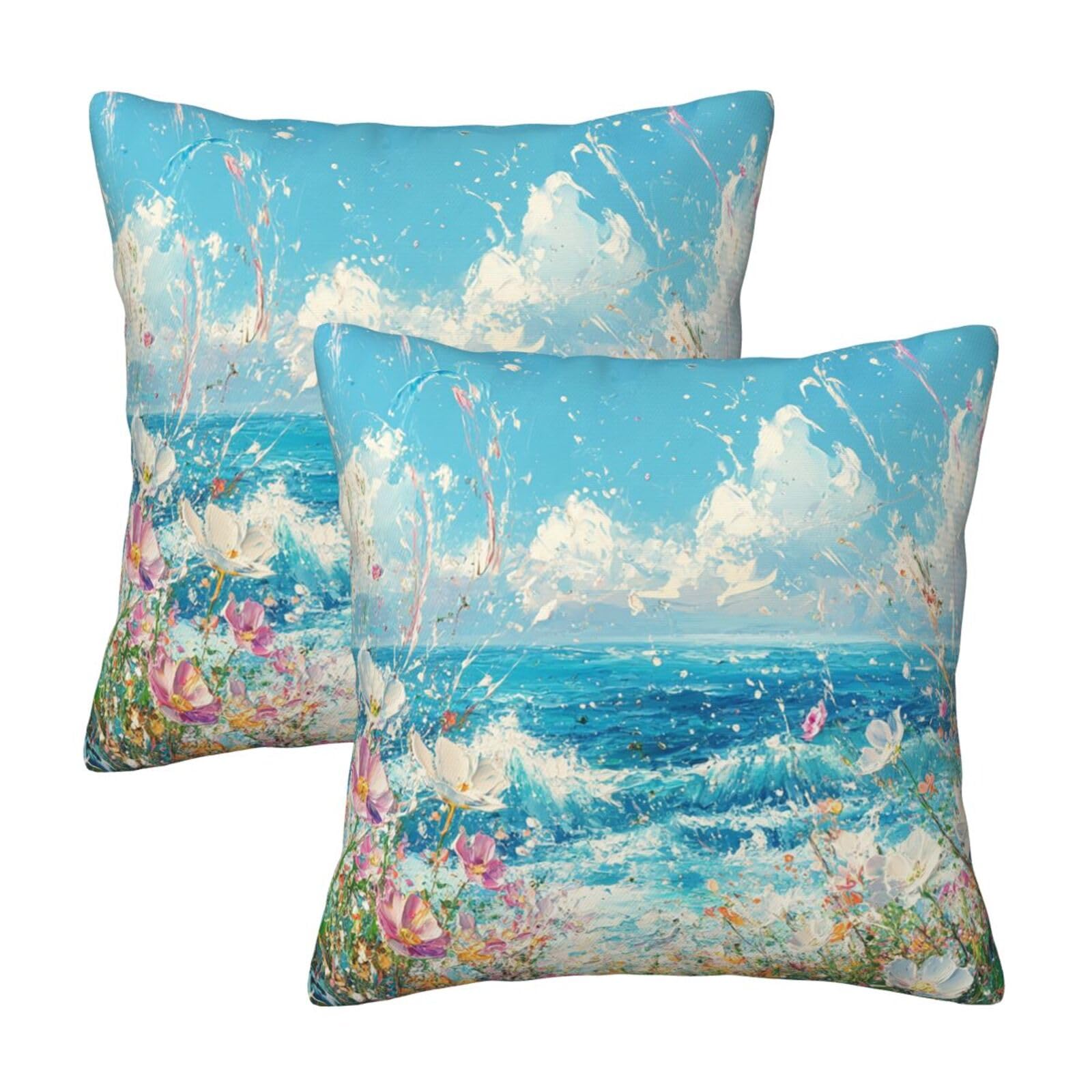 Guiteinyi Ocean Flowers Throw Pillow Covers 18x18 Set of 2 Square Pillow Case for Home Decorative Sofa Couch Bedroom Living Room