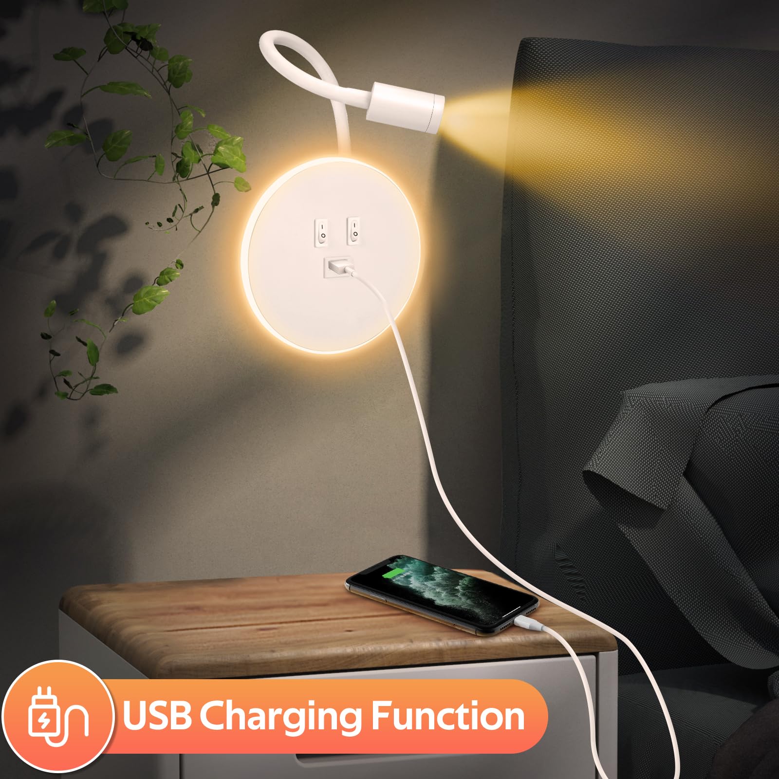 Weigudoc Lámpara de Lectura LED Aplique de cuello de cisne flexible, 3W+9W Aplique de pared con puerto de carga USB y interruptor, Lámpara de cama montada en pared para Dormitorio Hotel (2 Blanco)