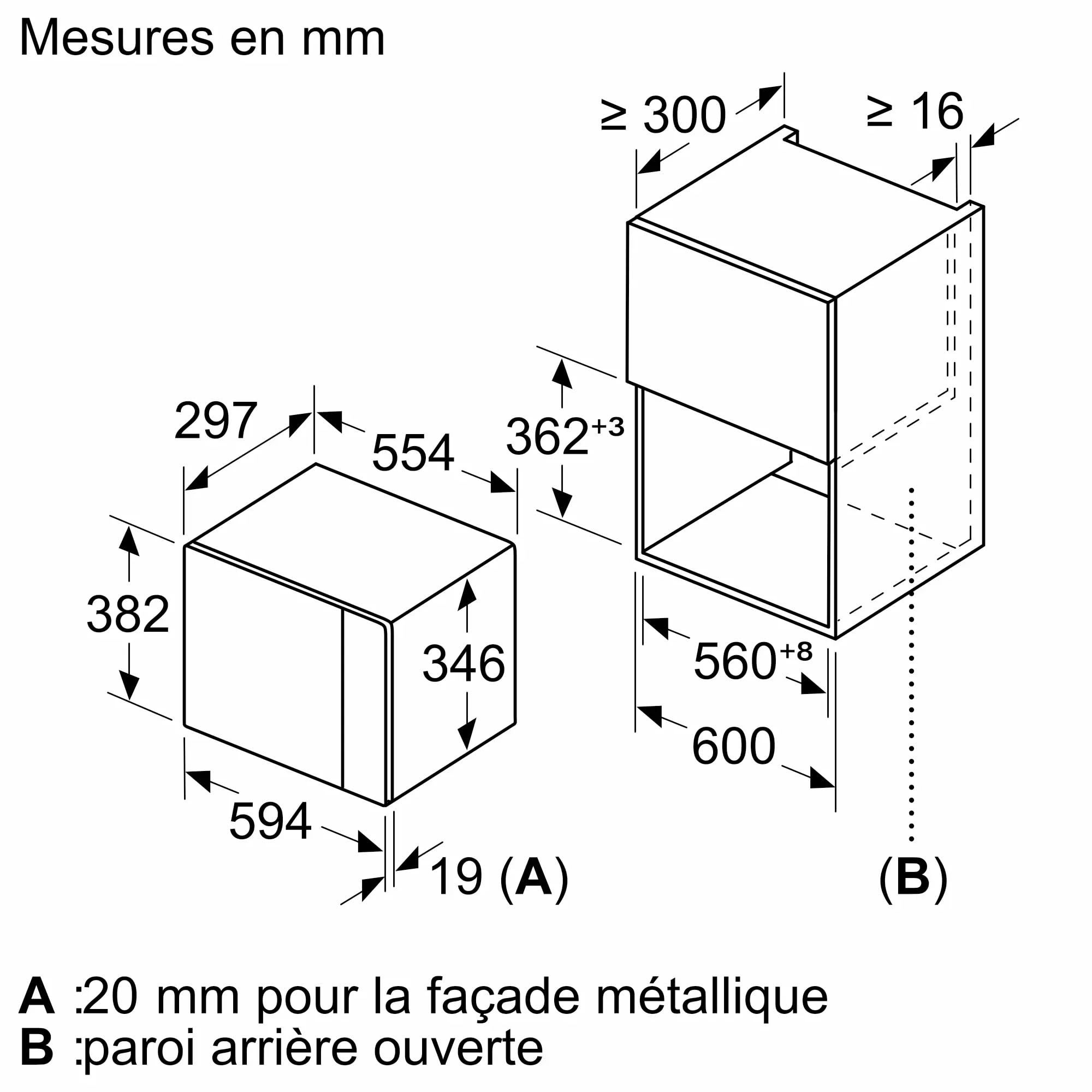 Bosch BFL523MS0, Série 4, Micro-ondes encastrable, 38. 2 x 59.4 x 31.7 cm, 20 litres, Inox