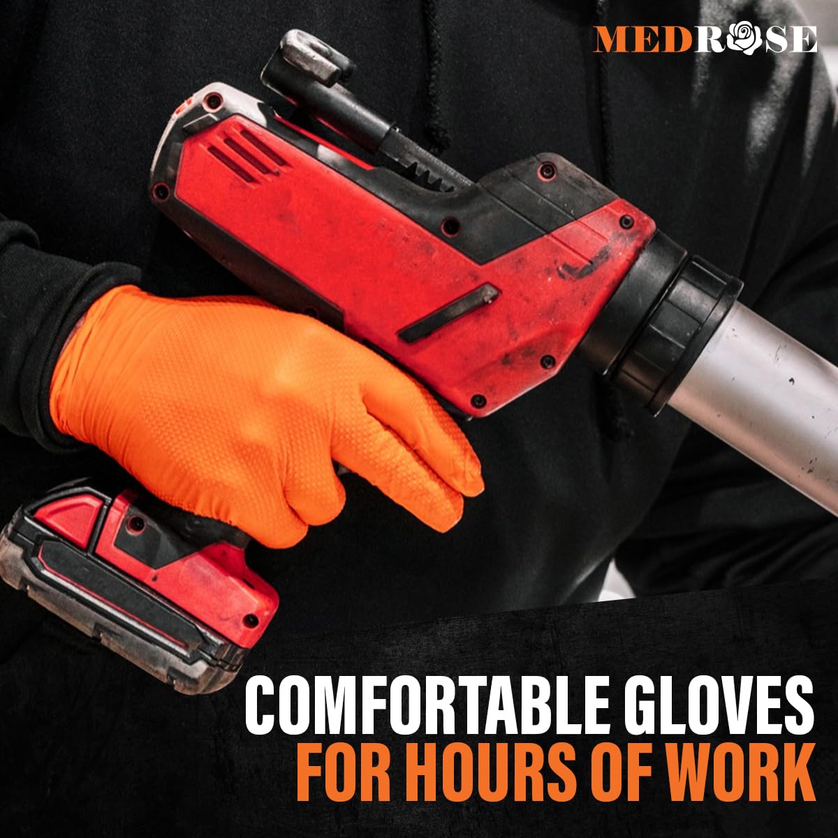 MedRose Disposable Nitrile Gloves –Raised Diamond Texture, Extra Thick, Latex-Free, Powder-Free, Orange Gloves - Ideal for Industrial, Lab, Automotive, and Mechanic Use – Large– 100 Gloves per Box