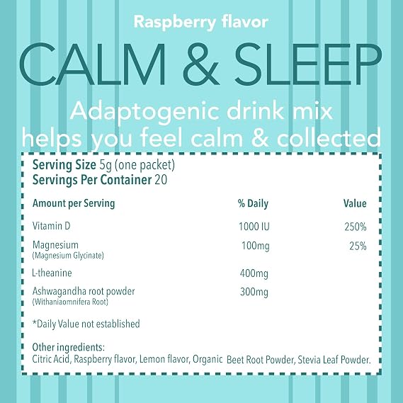 VivoNu Calm & Sleep Powdered Drink Mix Raspberry L Theanine Ksm-66 Ashwagandha Magnesium Glycinate Vitamin D3 Supplements for Relaxation & Focus No Sugar Non GMO 20pcs/1 Bag