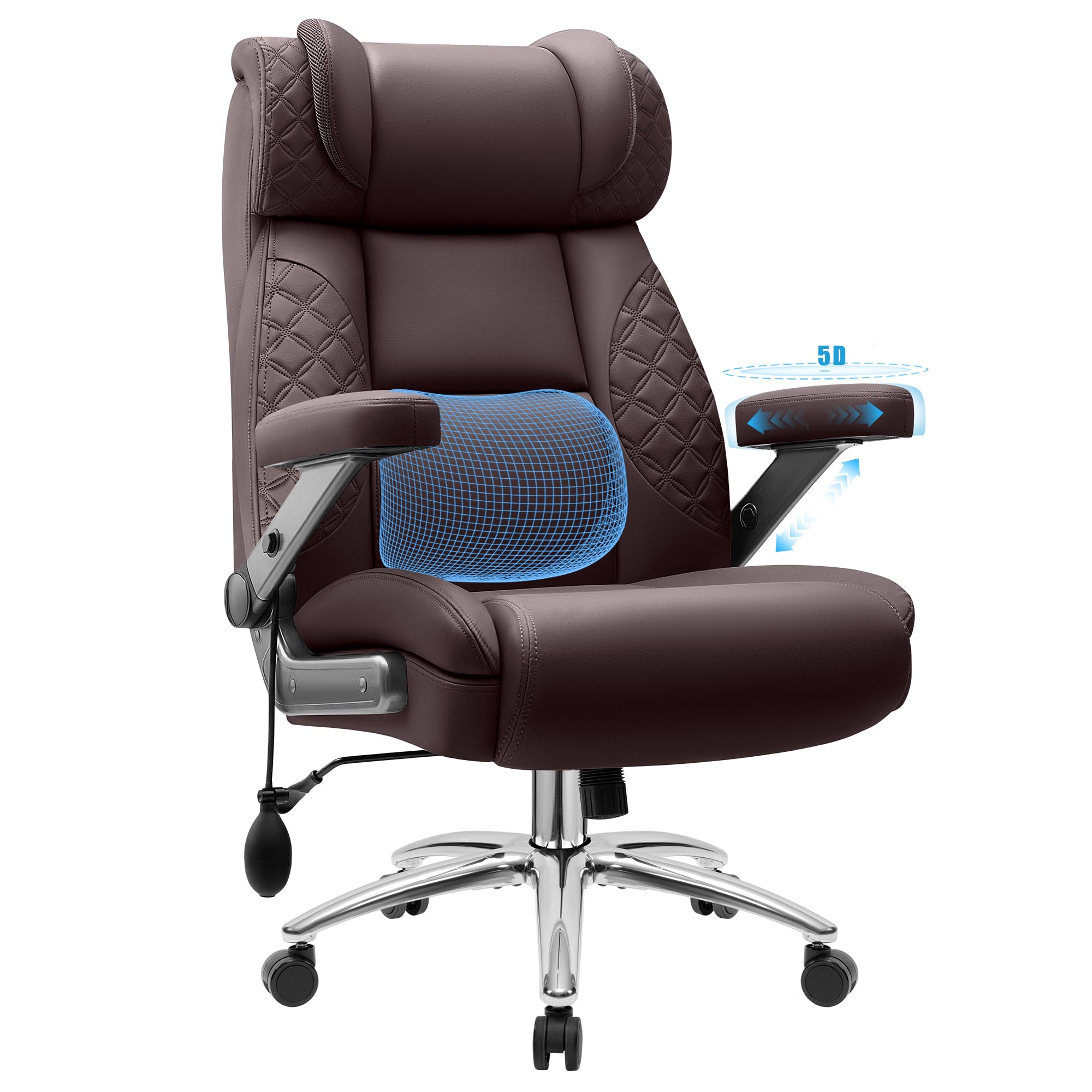 Office Chair, 5D Flip Arm Ergonomic Desk Chair with Adjustable Lumbar Support for Back Pain, Extra Wide 500LBS Comfy Big and Tall Office Chair, Executive Leather Computer Game Chair for Heavy People